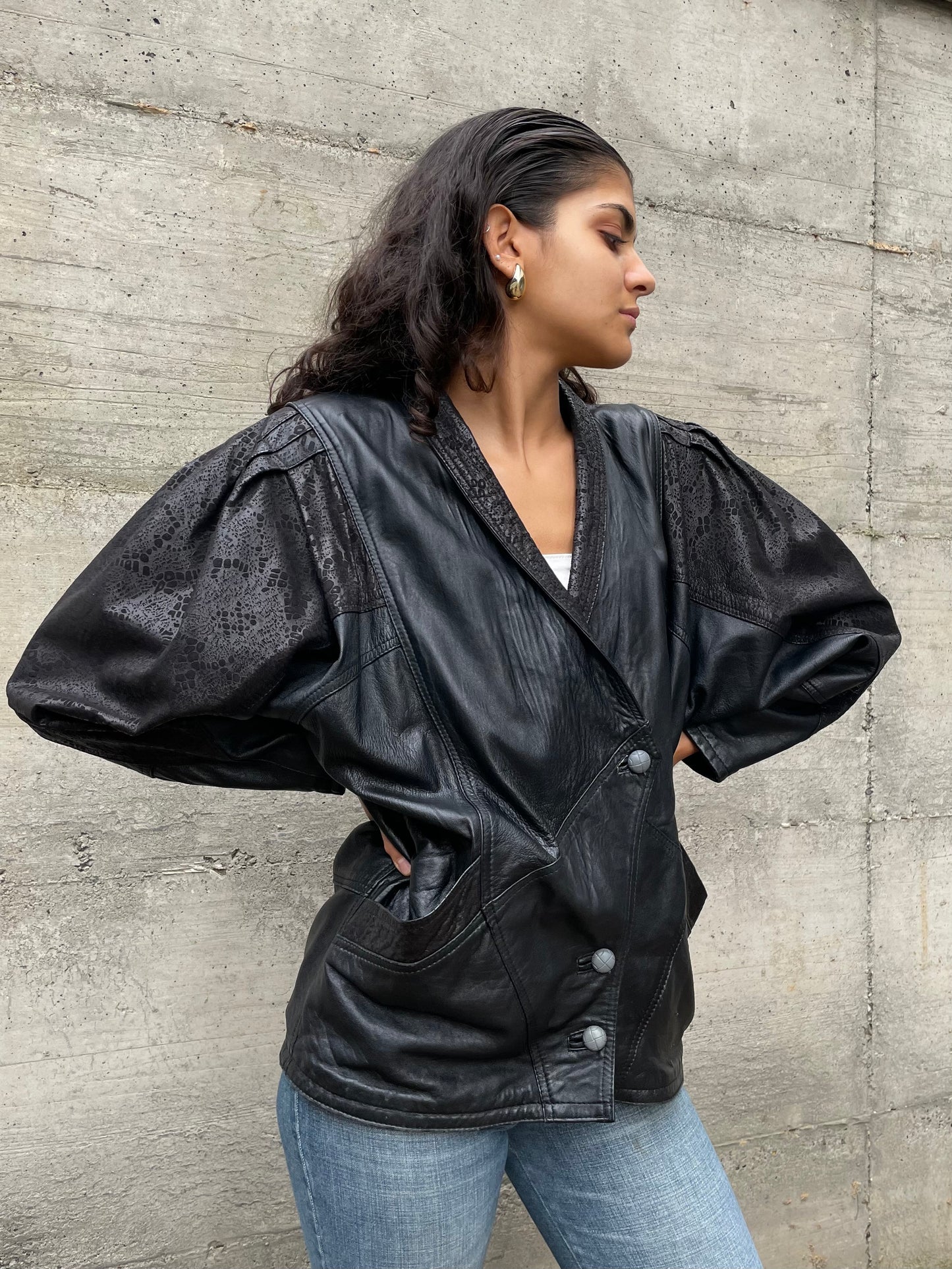 Giacca 80s lavorata in vera pelle nera - taglia M