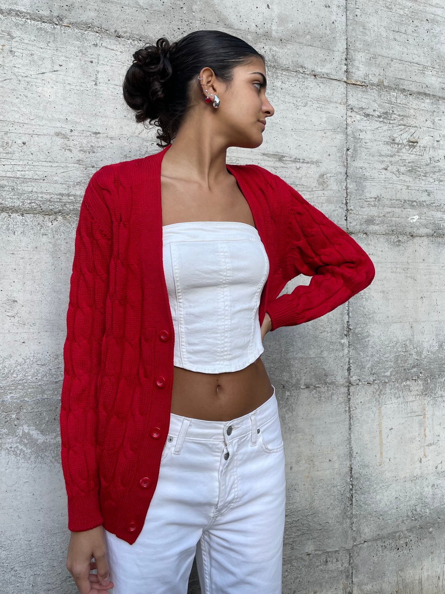 Cardigan sartoriale misto lana e cotone, rosso acceso - taglia M
