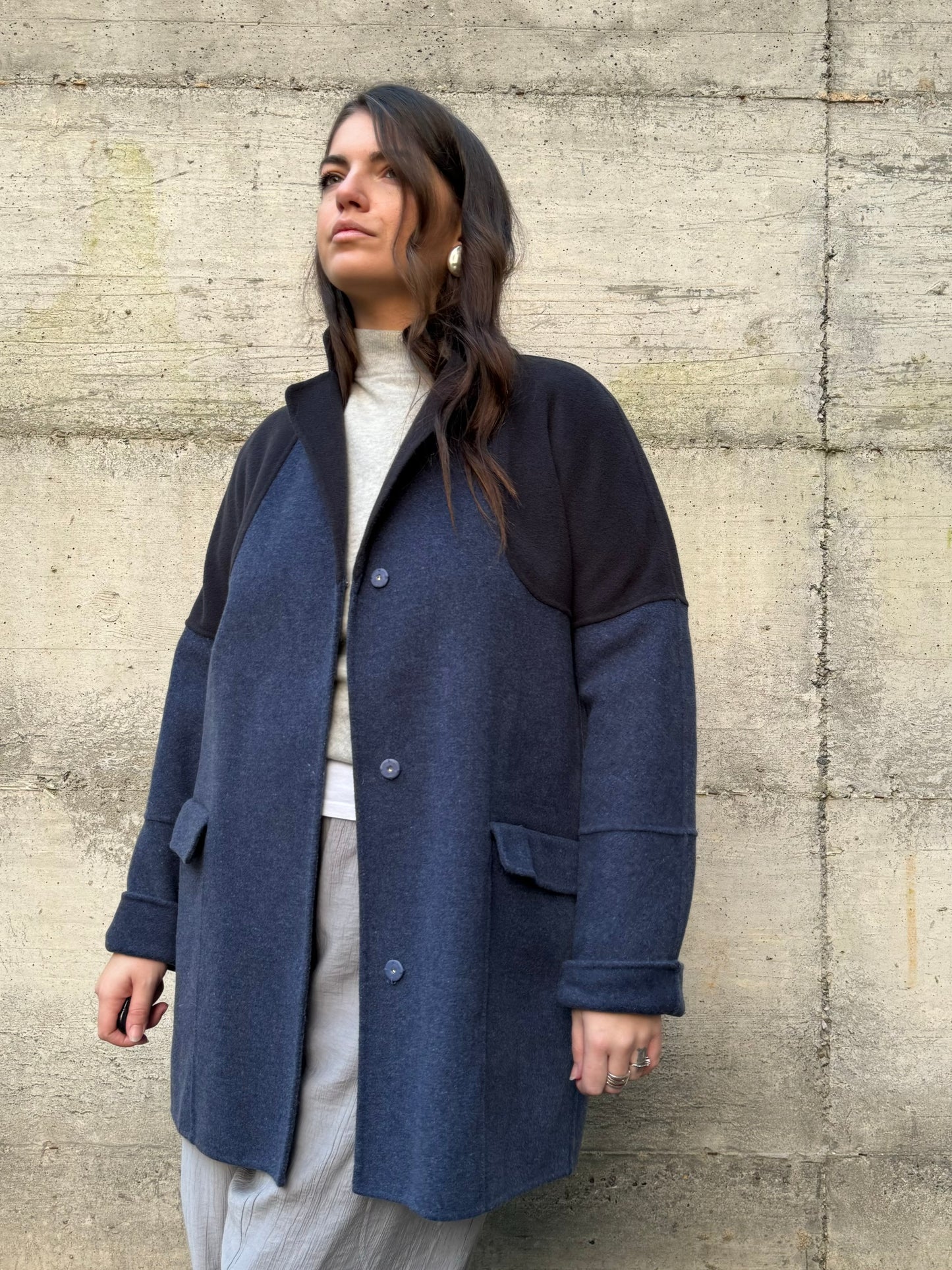 Cappottino Intrend blu mezza stagione, 85% lana 15% lyocell