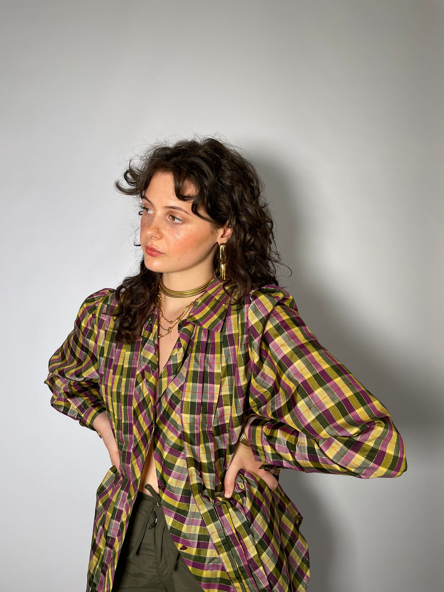 Blusa tartan con balze e filo di lurex - taglia 44