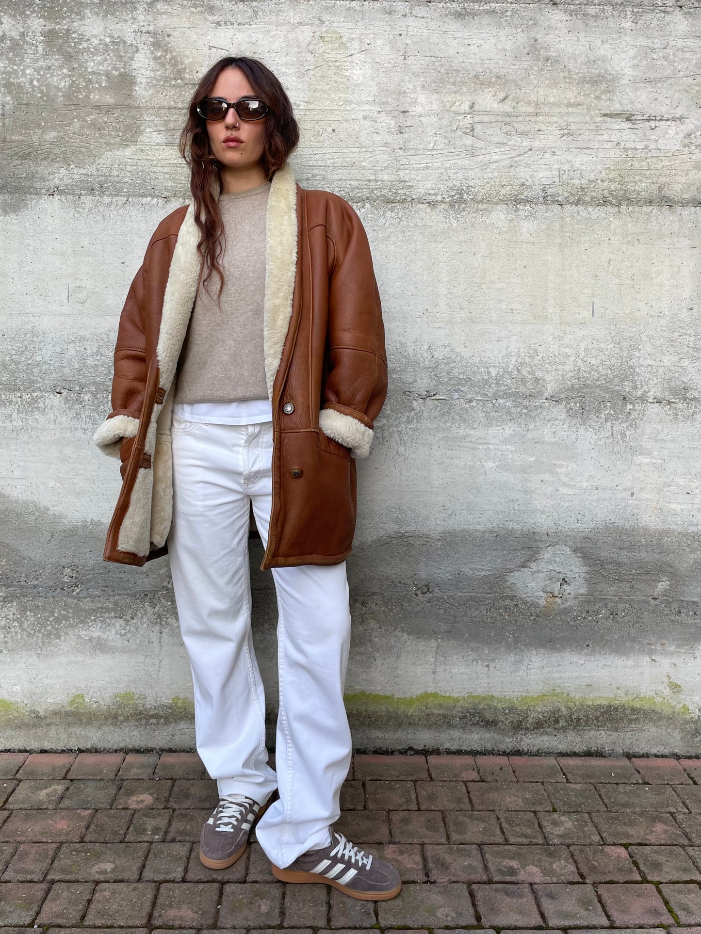 Montone Shearling originale a pelo bianco con esterno in pelle rame, taglia 48it donna