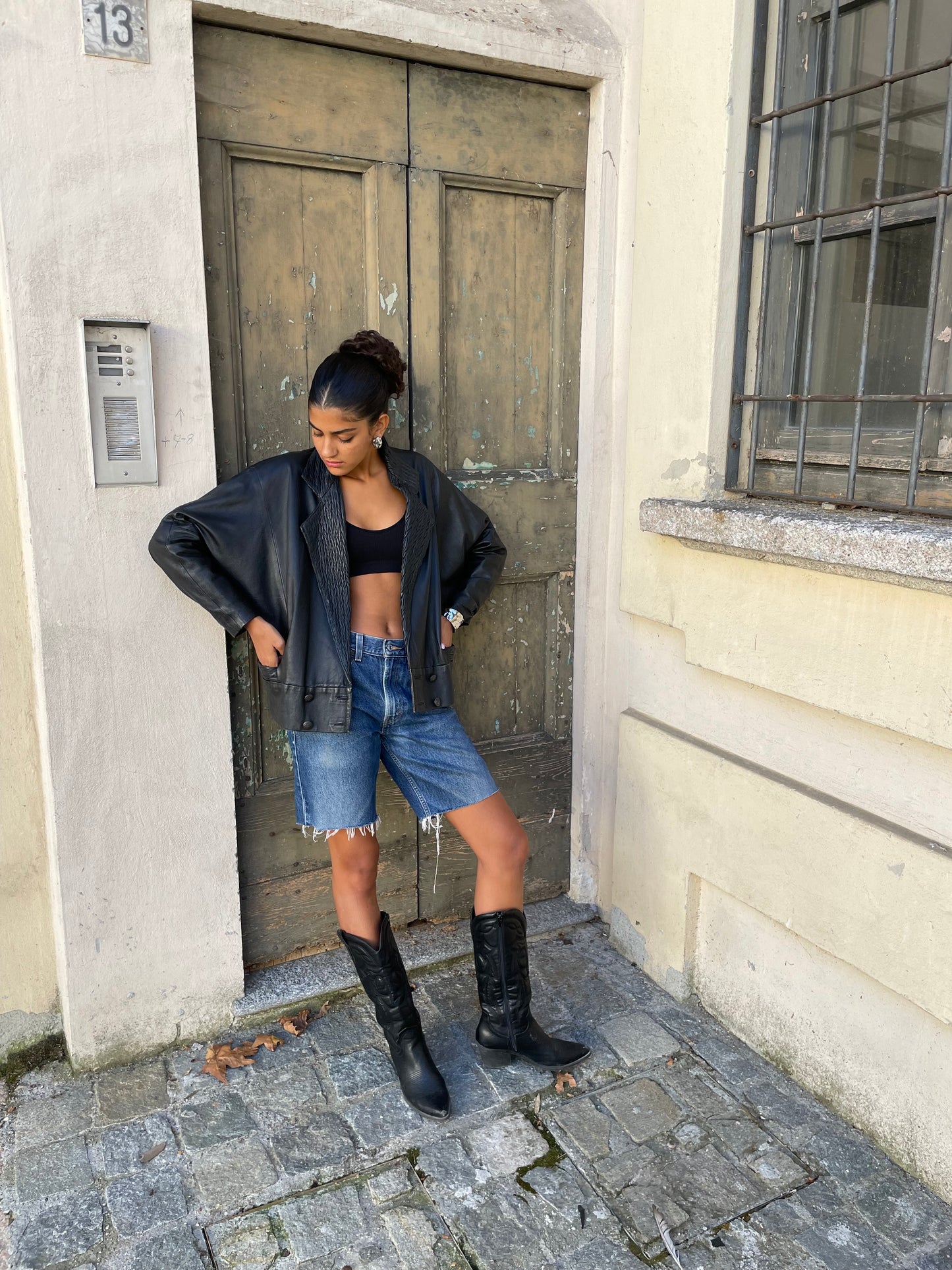 Giacca in nappa nera lavorata, vera pelle, taglia M donna