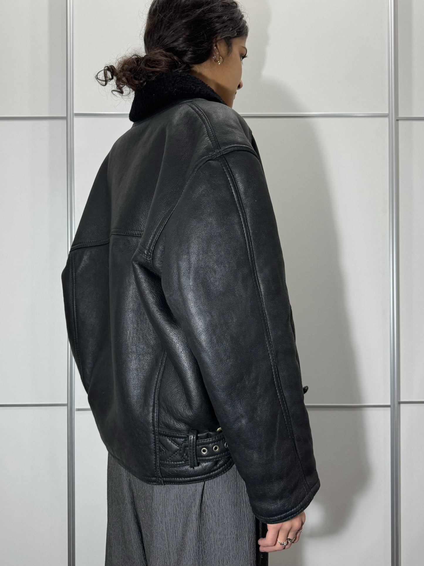 Bomber in montone Shearling nero, taglia 48it uomo