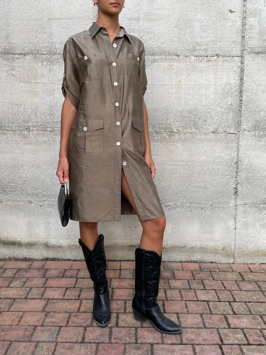 Chemisier midi 100% shantung di seta verde oliva - taglia M