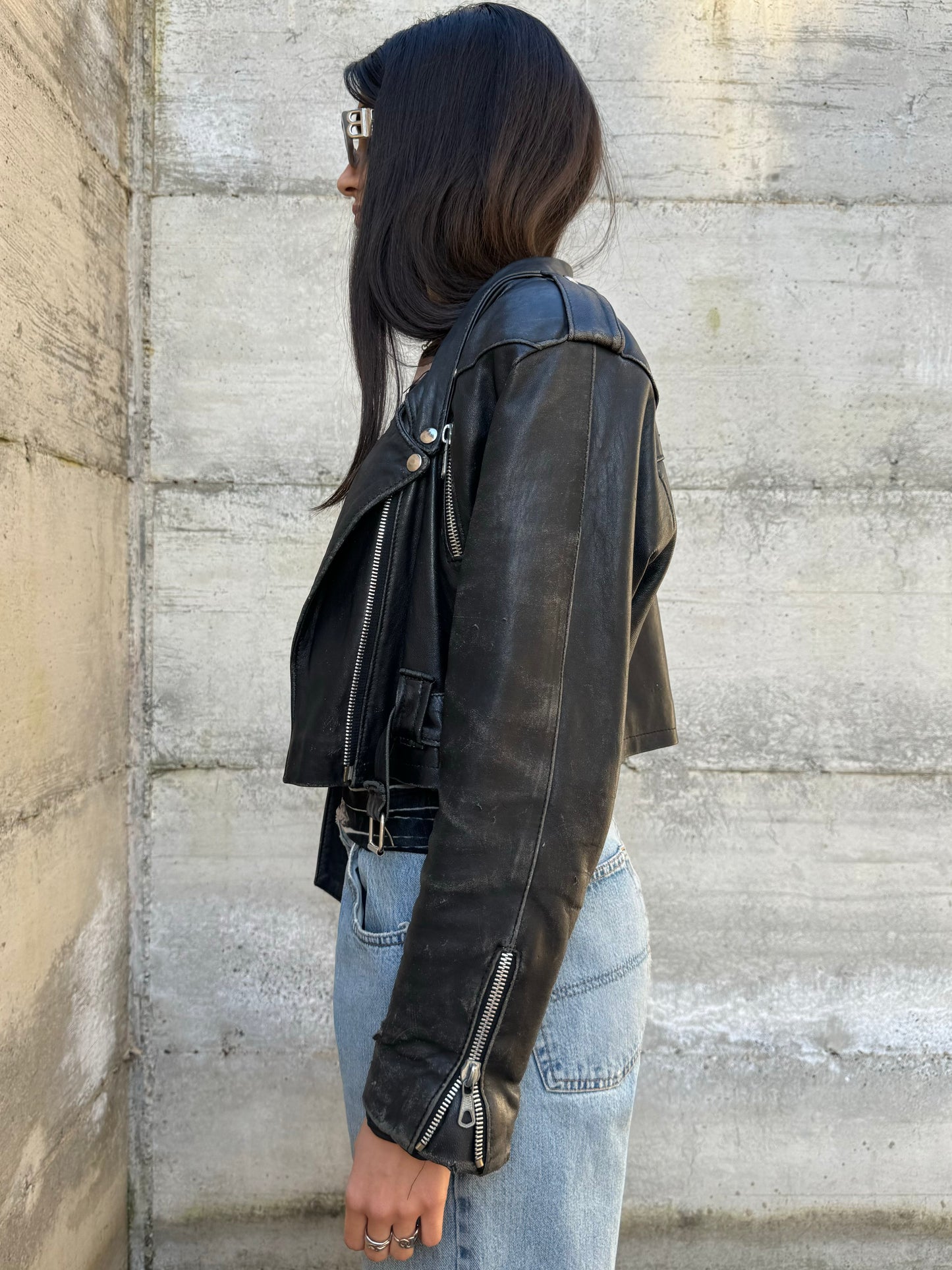 Chiodo crop in vera pelle nappata effetto used