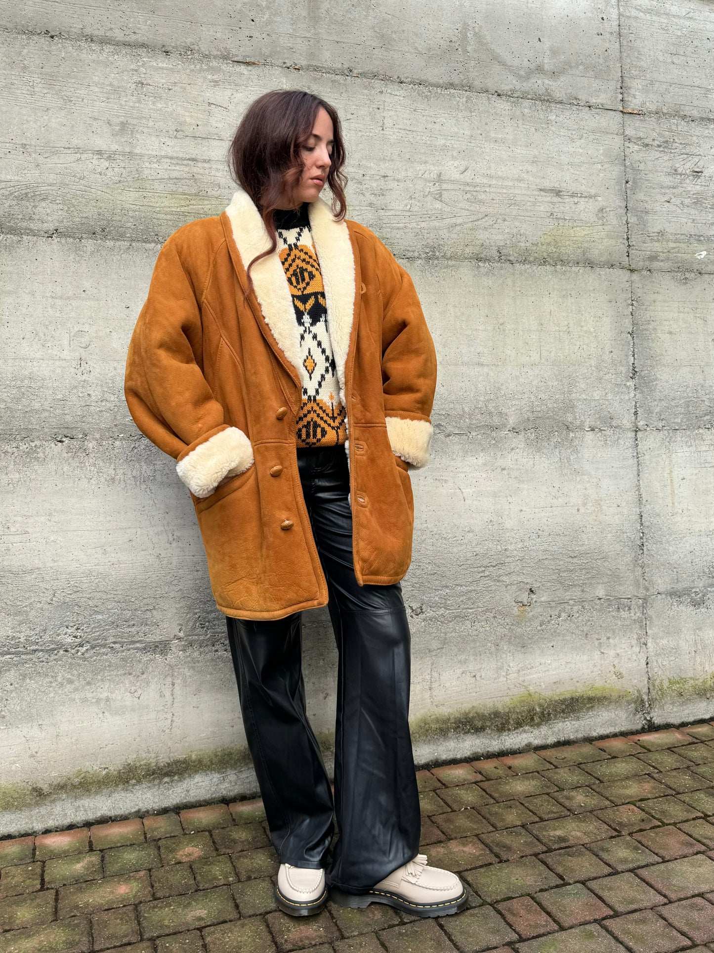 Montone originale Shearling caramello scamosciato, taglia 50it uomo