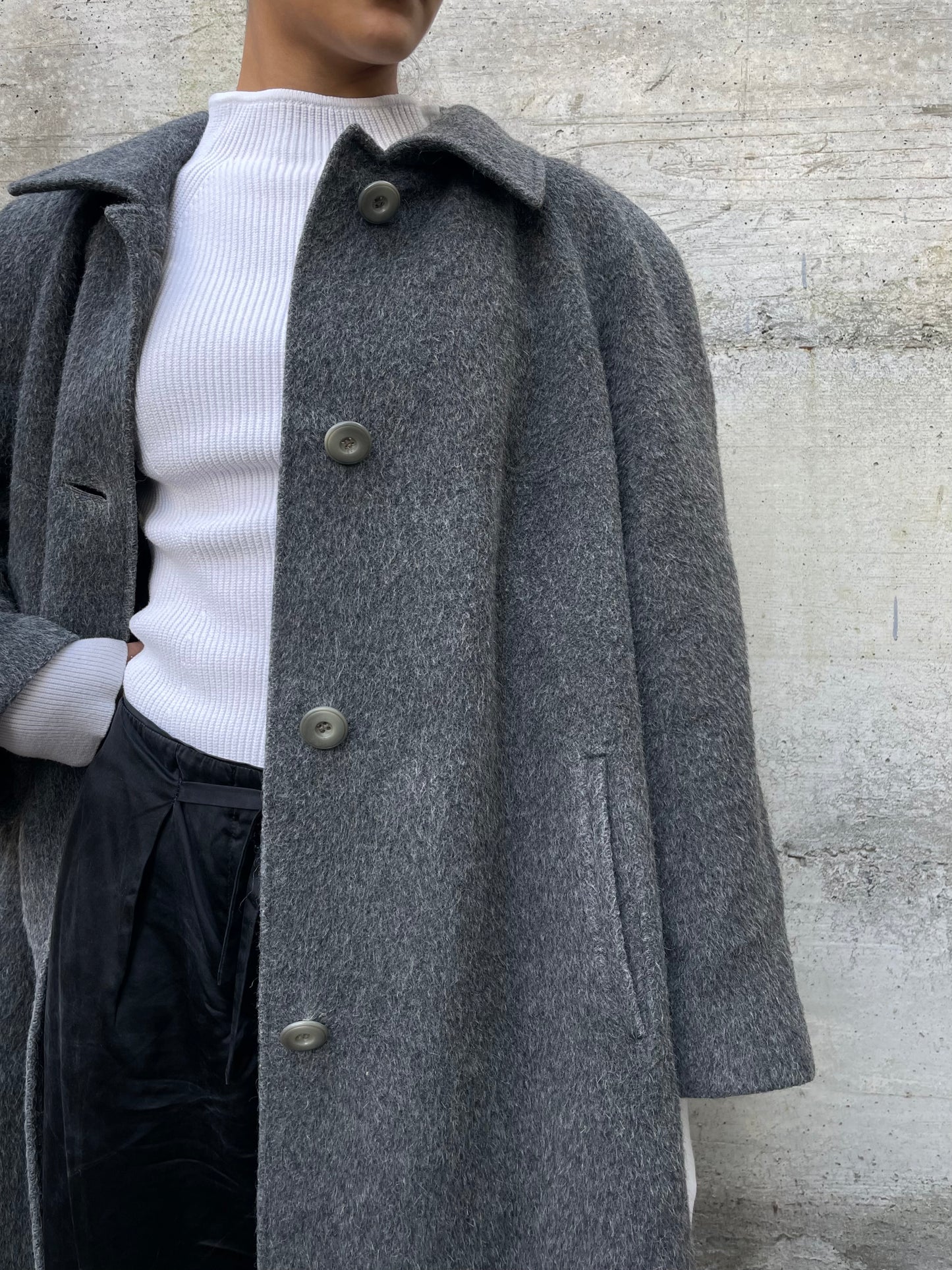 Cappotto sartoriale lungo monopetto, in misto lana e alpaca