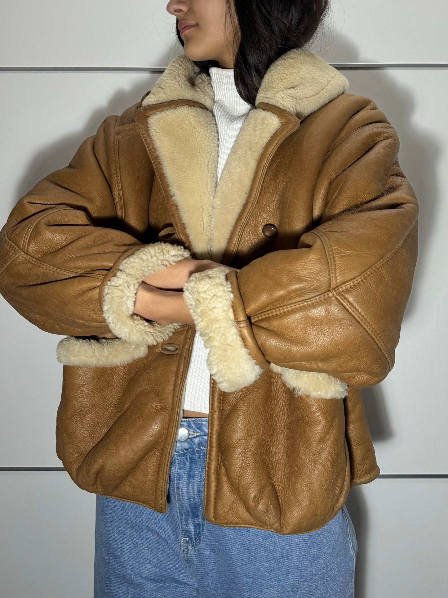 Montone aviator originale Shearling in pelle caramello, rara taglia piccola da donna