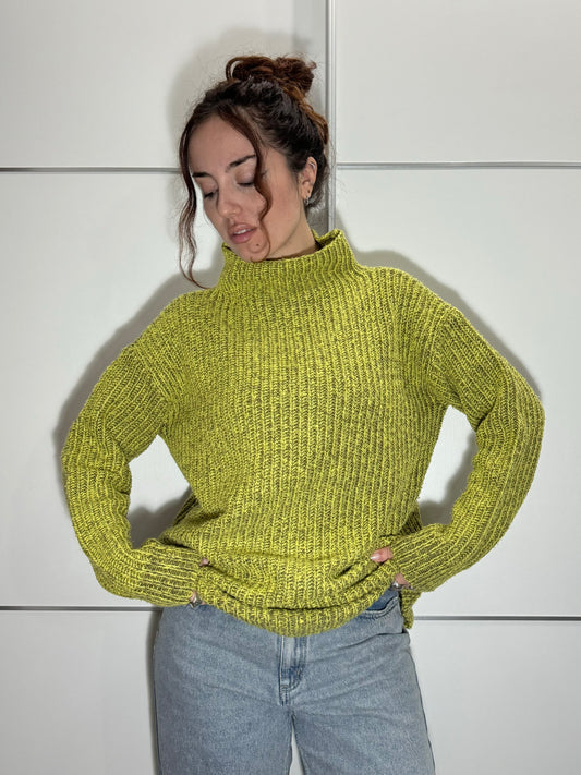 Maglione ampio a collo alto giallo e grigio melange, in misto lana