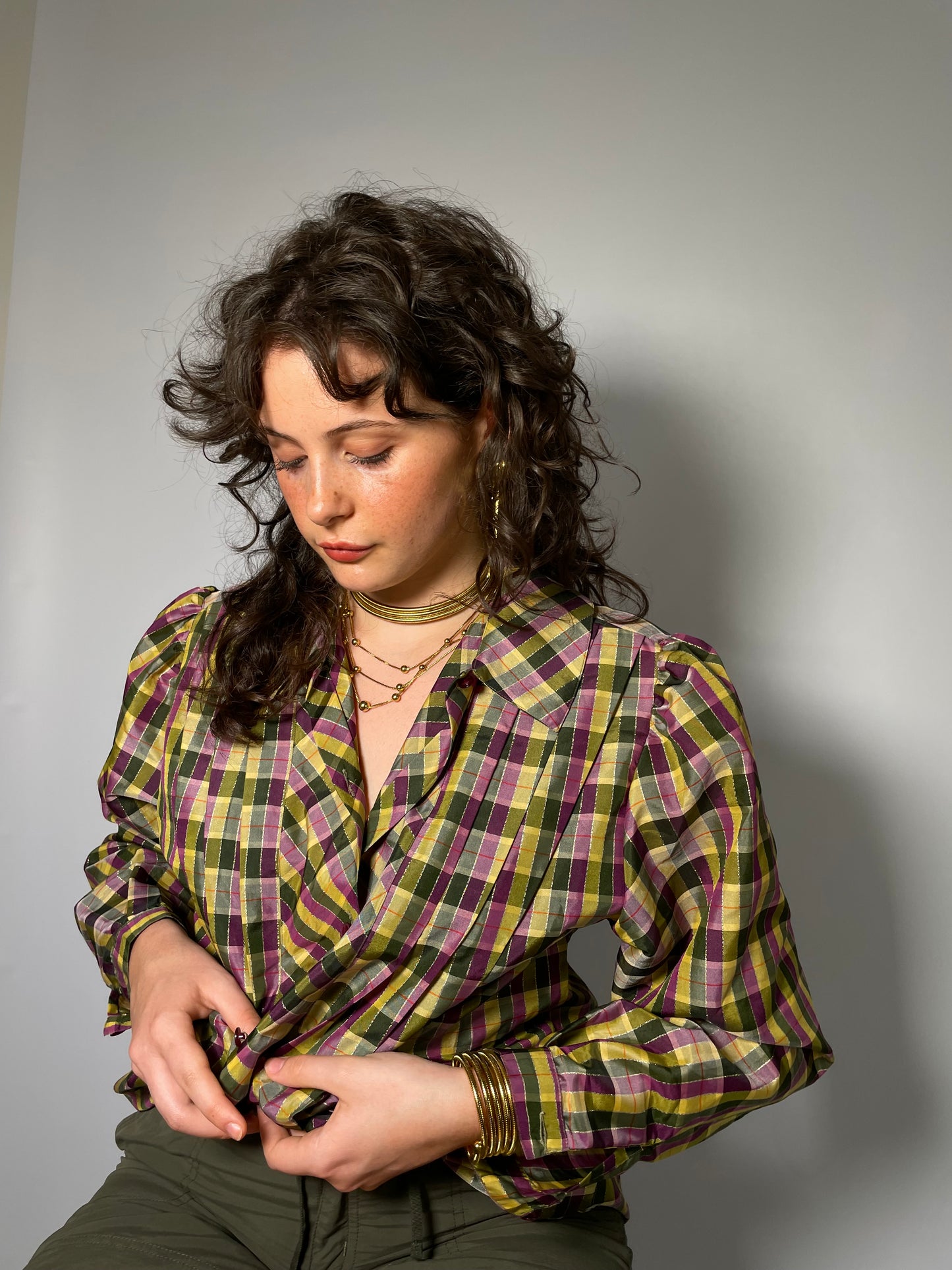 Blusa tartan con balze e filo di lurex - taglia 44