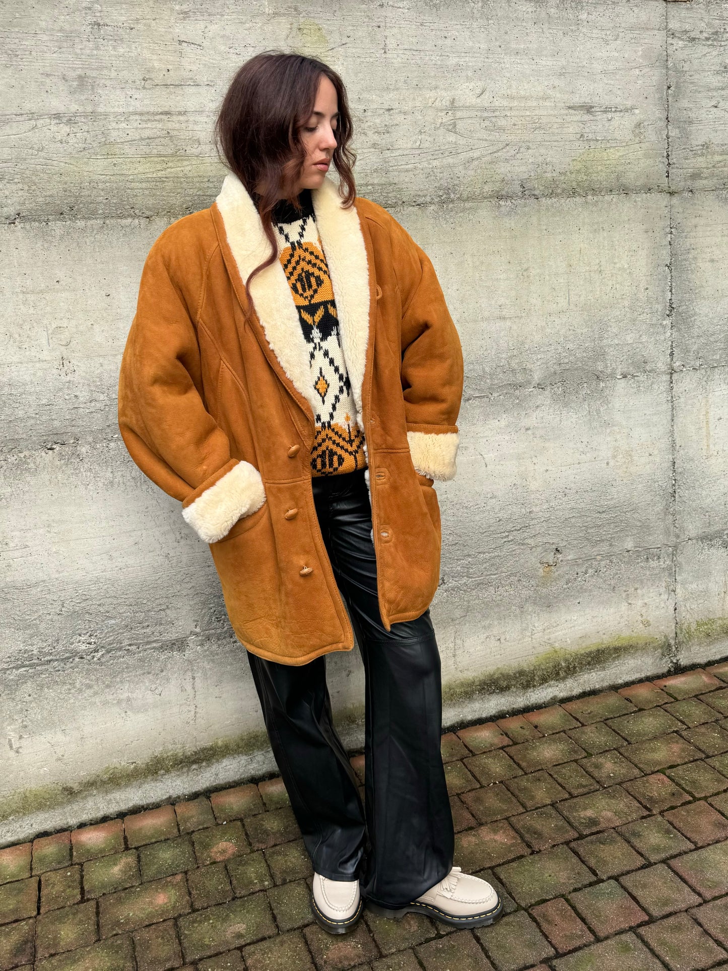 Montone originale Shearling caramello scamosciato, taglia 50it uomo