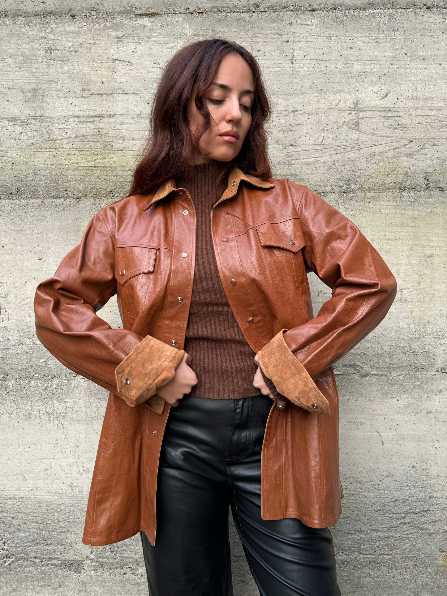 Overshirt double face in cuoio e renna color cognac