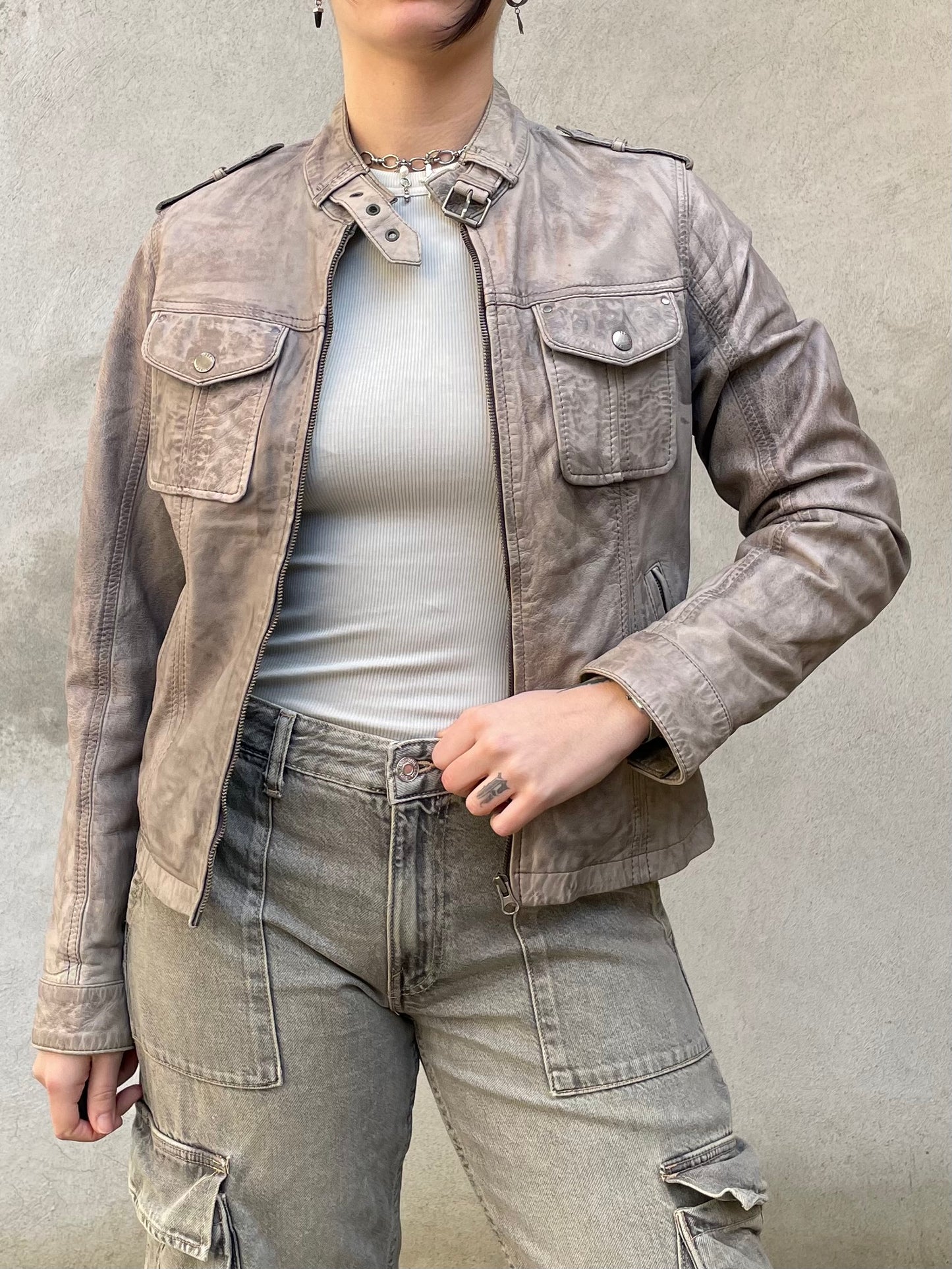 Biker cropped vera pelle ghiaccio