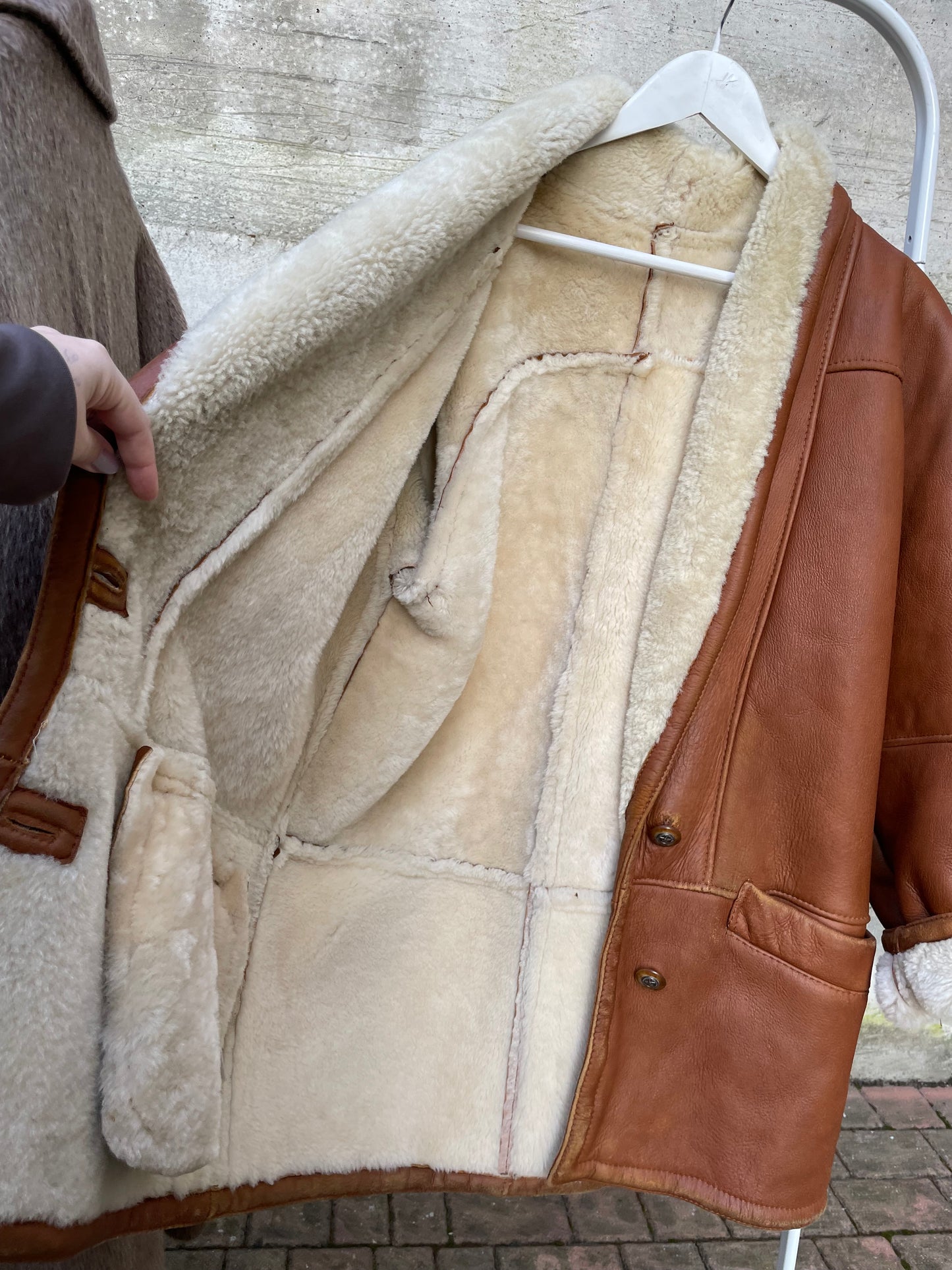 Montone Shearling originale a pelo bianco con esterno in pelle rame, taglia 48it donna