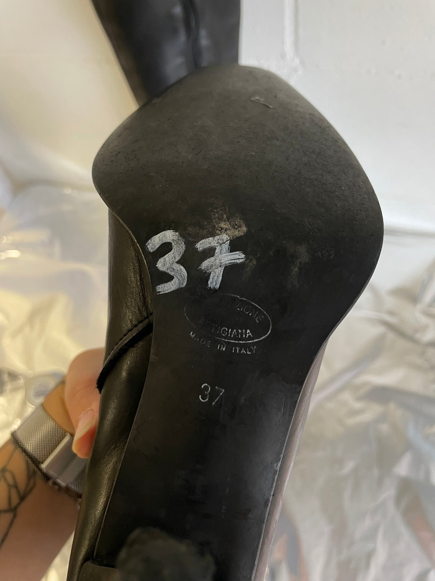 EU 37 - Stivale vintage vera pelle nero al ginocchio, tacco 8cm