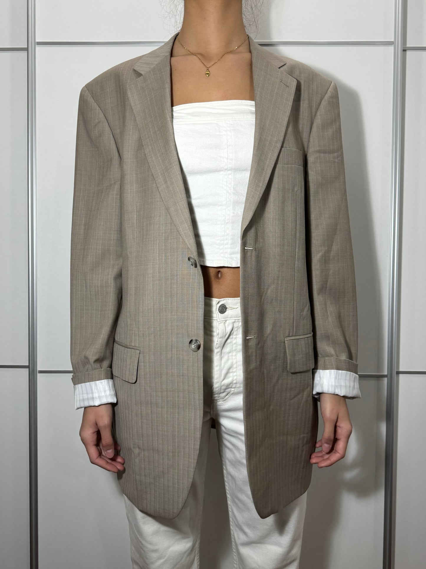 Blazer in fresco lana vergine superfine beige gessato