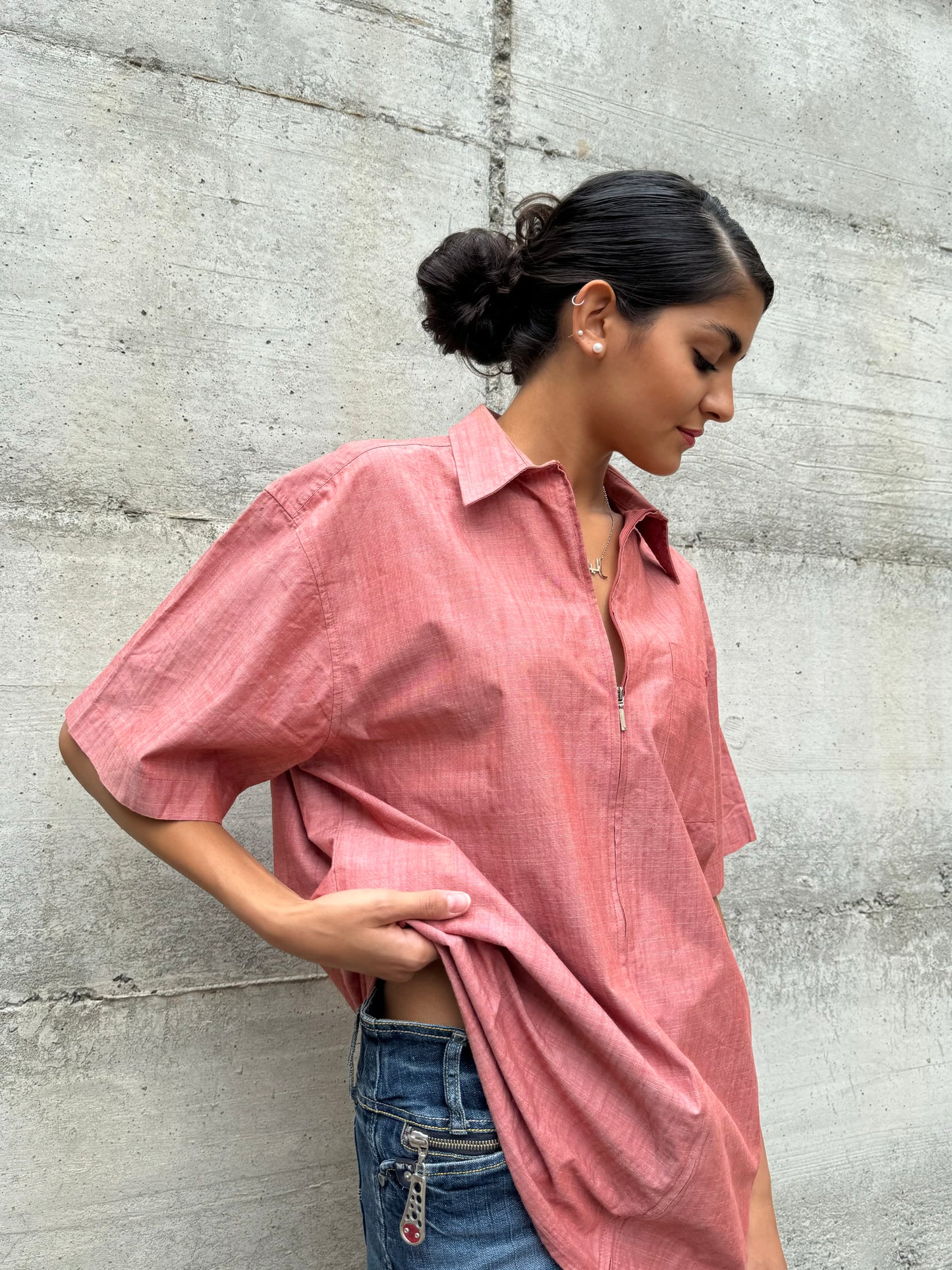 Camicia 90s con cerniera rosso melange