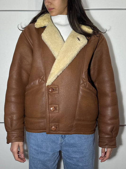 Bomber Aviator originale Shearling in pelle color cuoio, taglia S/M uomo