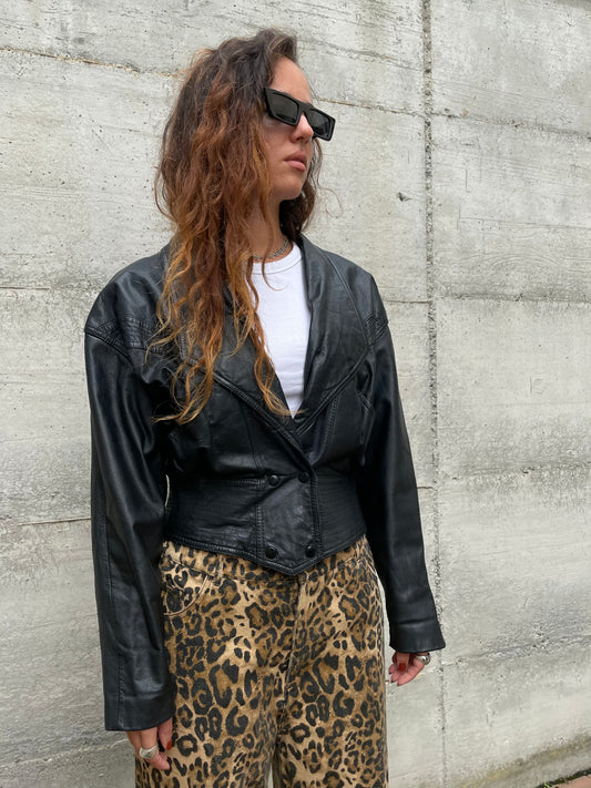 Giacca 80s vera pelle nera, cropped, Made in Corea- taglia M