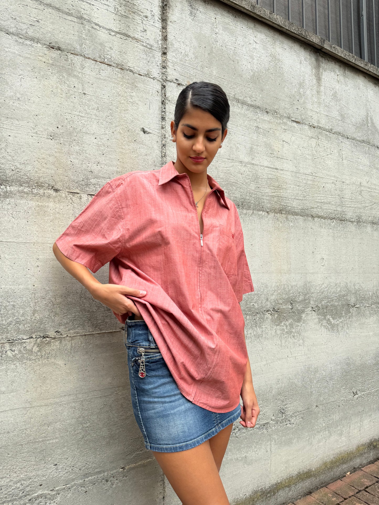 Camicia 90s con cerniera rosso melange