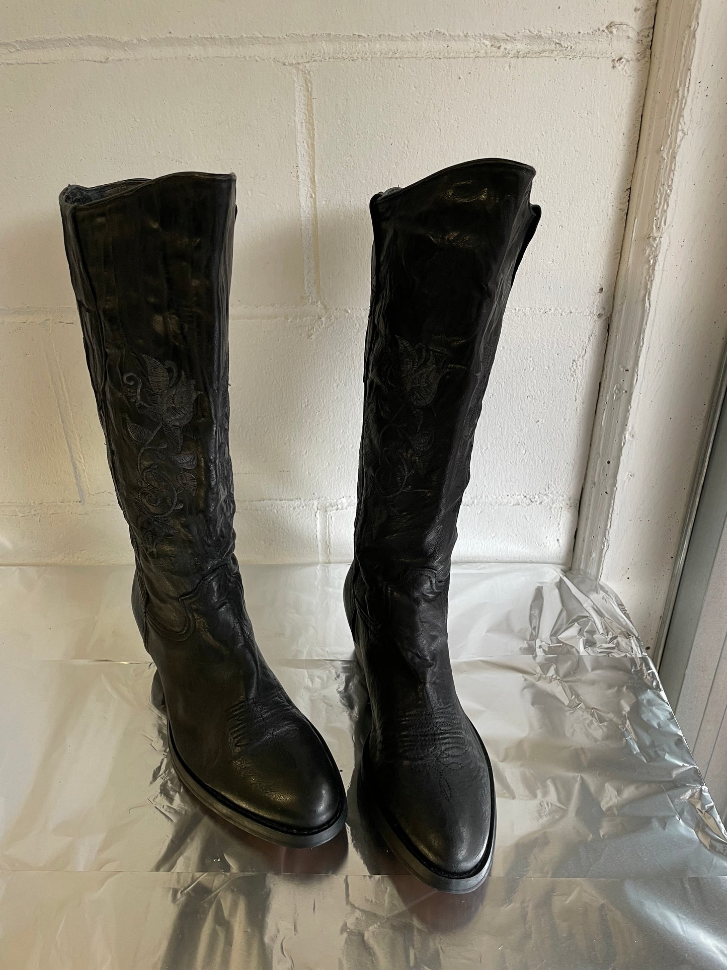 EU 41 - Texano vintage alto, vera pelle, punta arrotondata, tacco basso