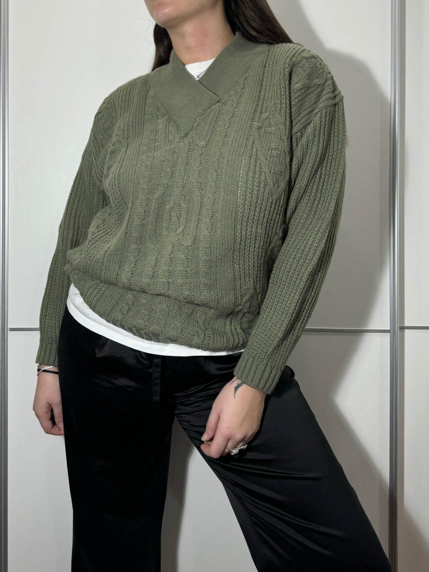 Pullover tricot in misto lana verde cachi
