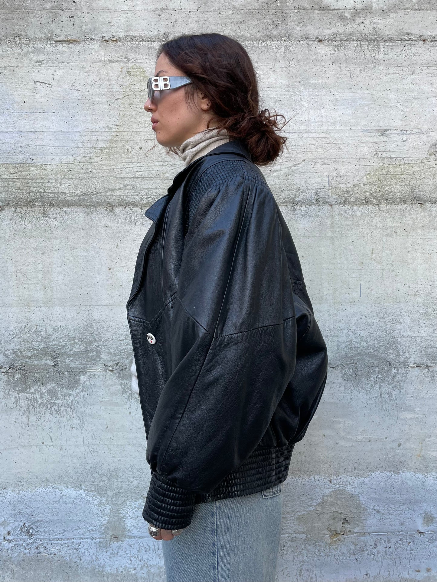 Bomber 80s lavorato in vera pelle nero