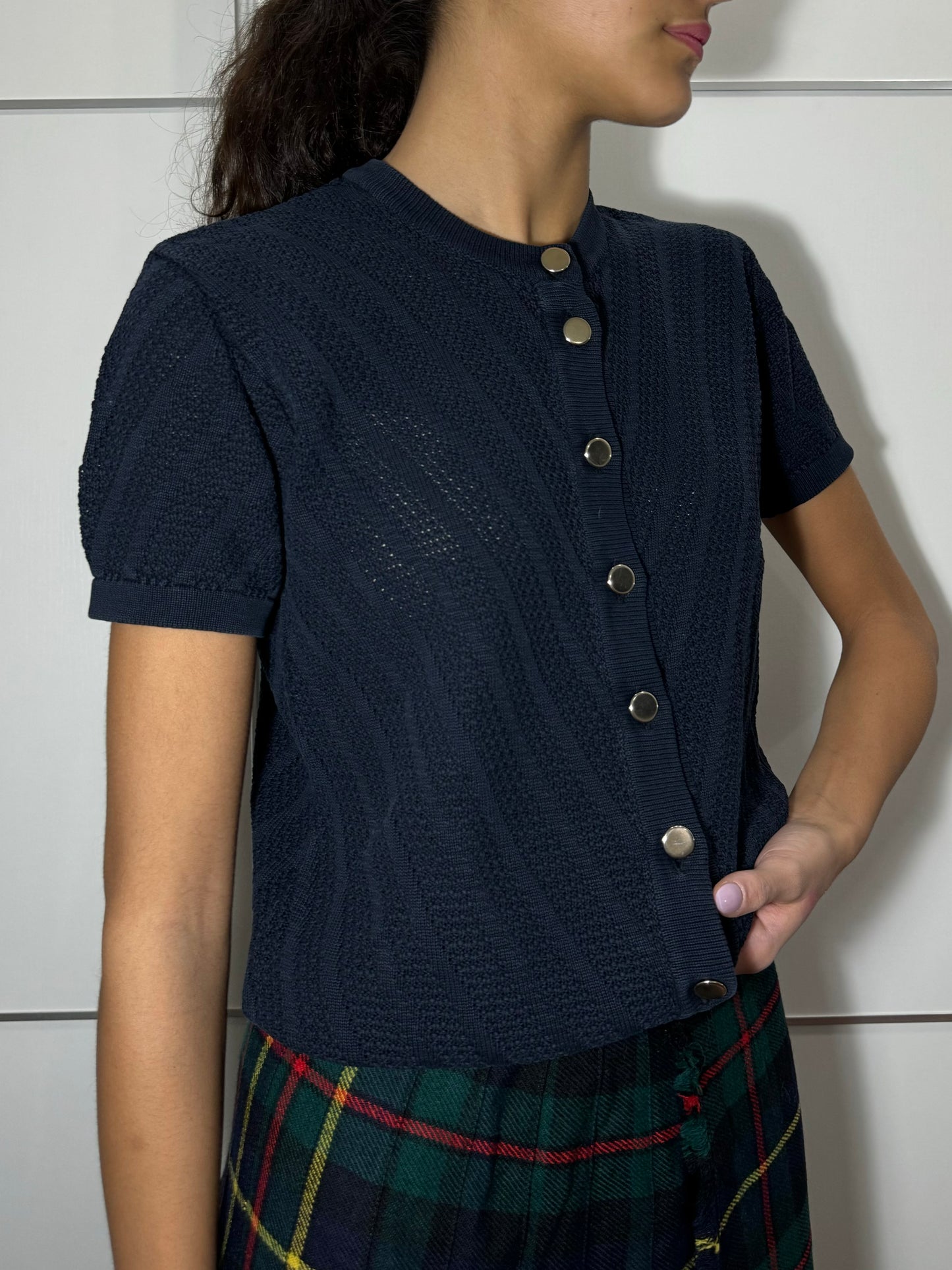 Maglioncino a manica corta girocollo Burghi blu notte, 100% cotone