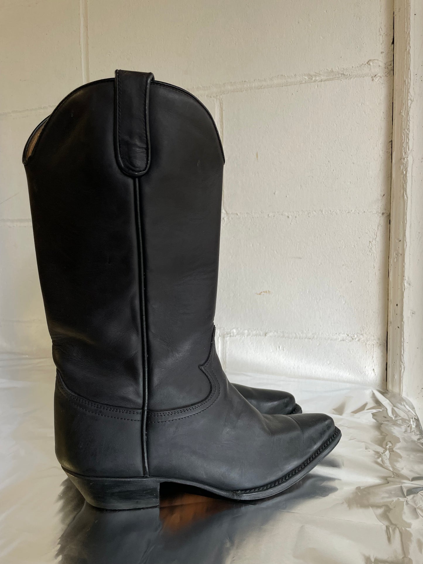 EU 39.5/40 - Texano vintage vera pelle nero liscio, tacco basso