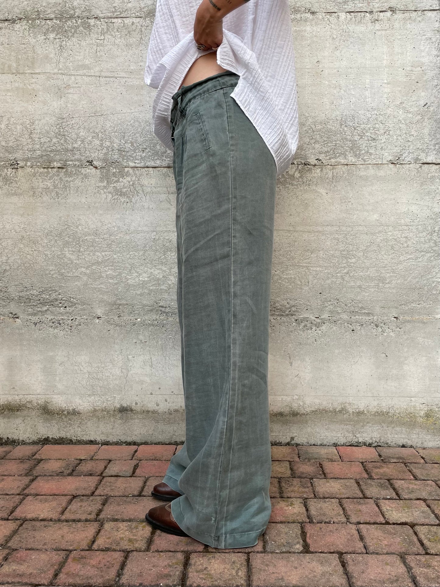 Pantapalazzo verde salvia 100% ramiè, taglia M