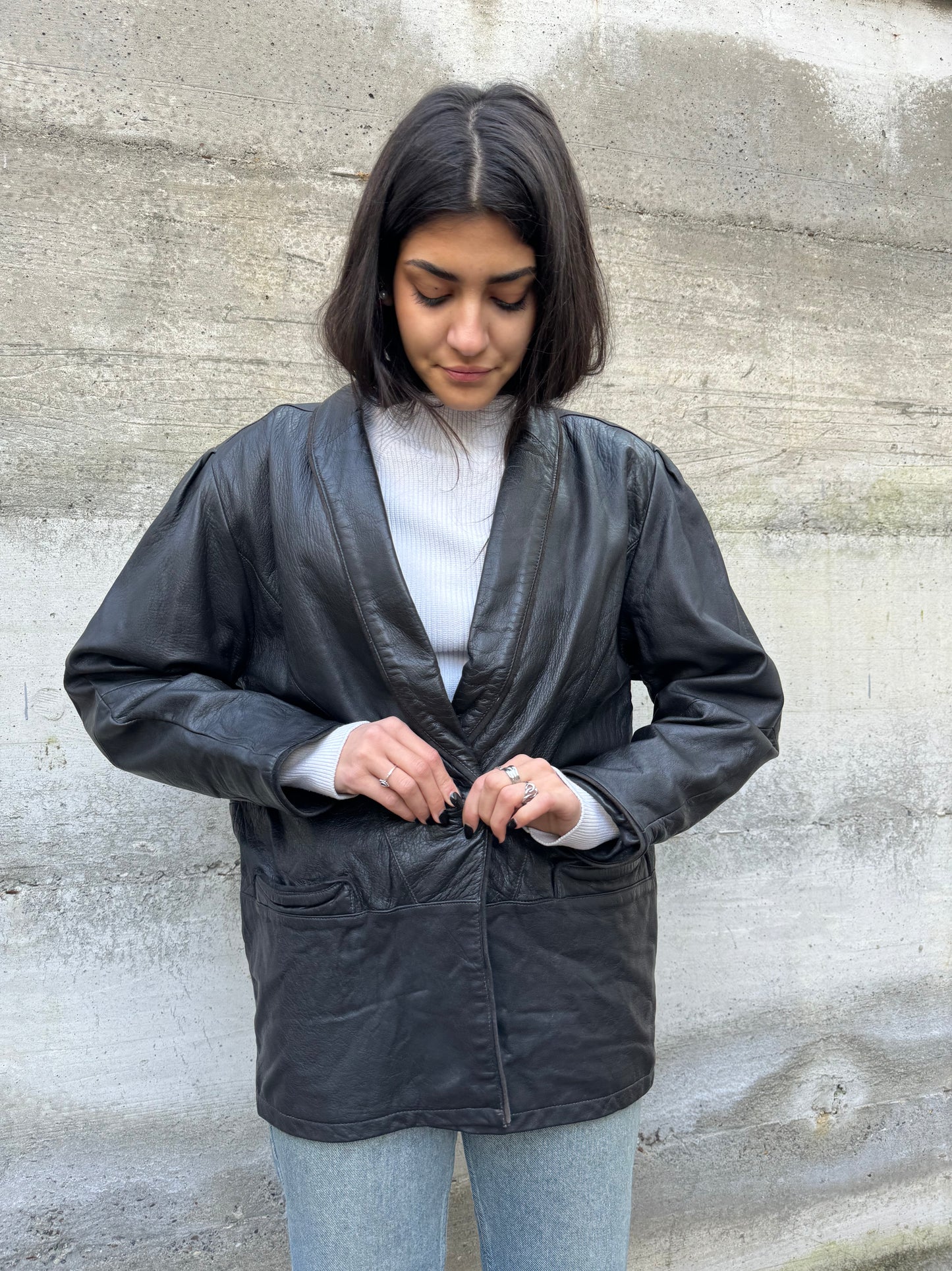 Giacca donna 80s in vera pelle nappata testa di moro