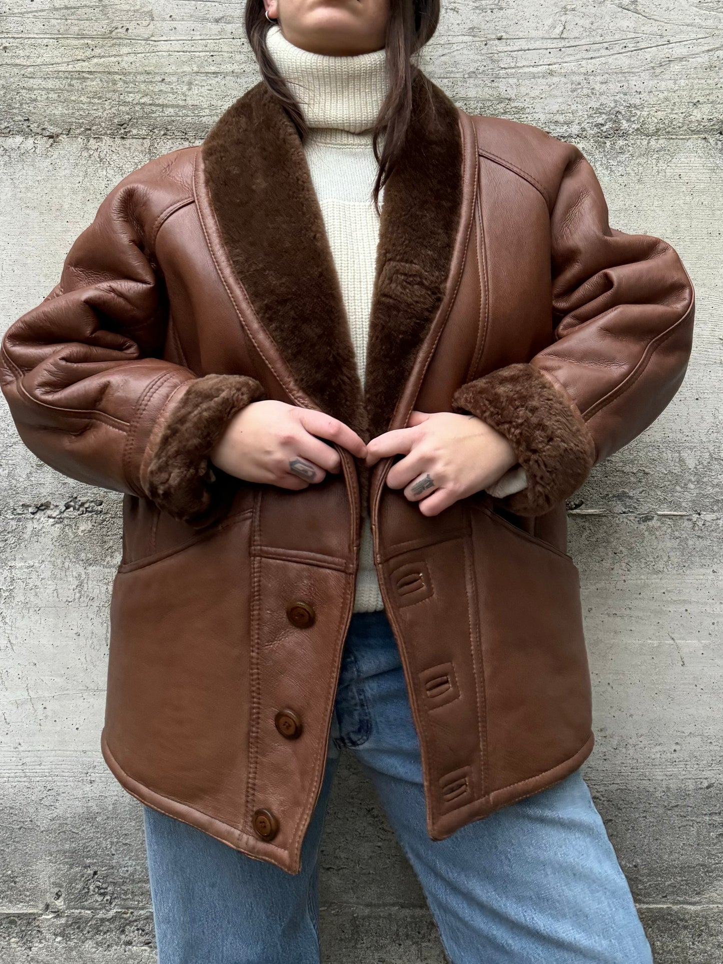 Montone Shearling cioccolato in nappa, a pelo raso, taglia 48it uomo (S/M)