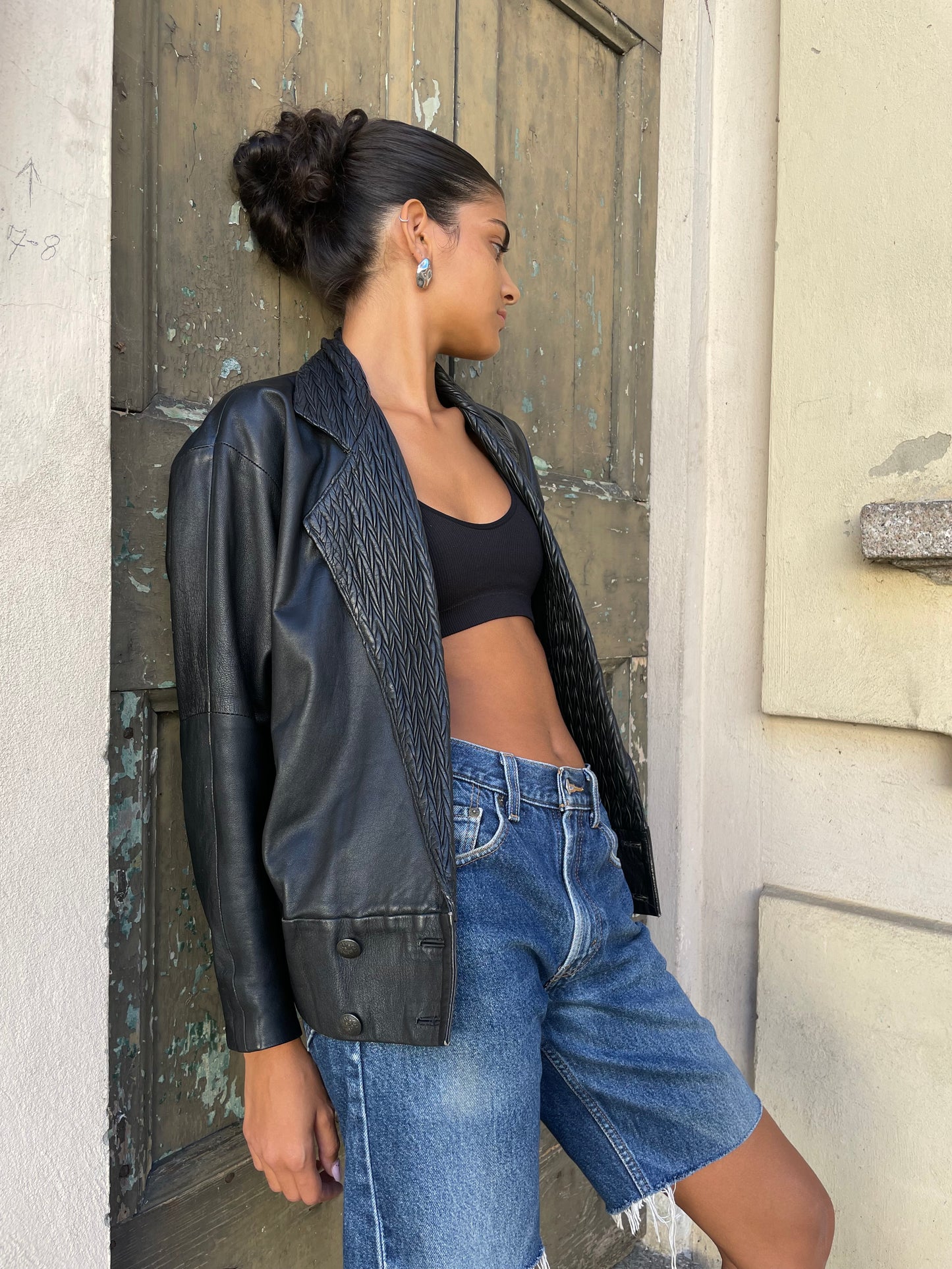 Giacca in nappa nera lavorata, vera pelle, taglia M donna