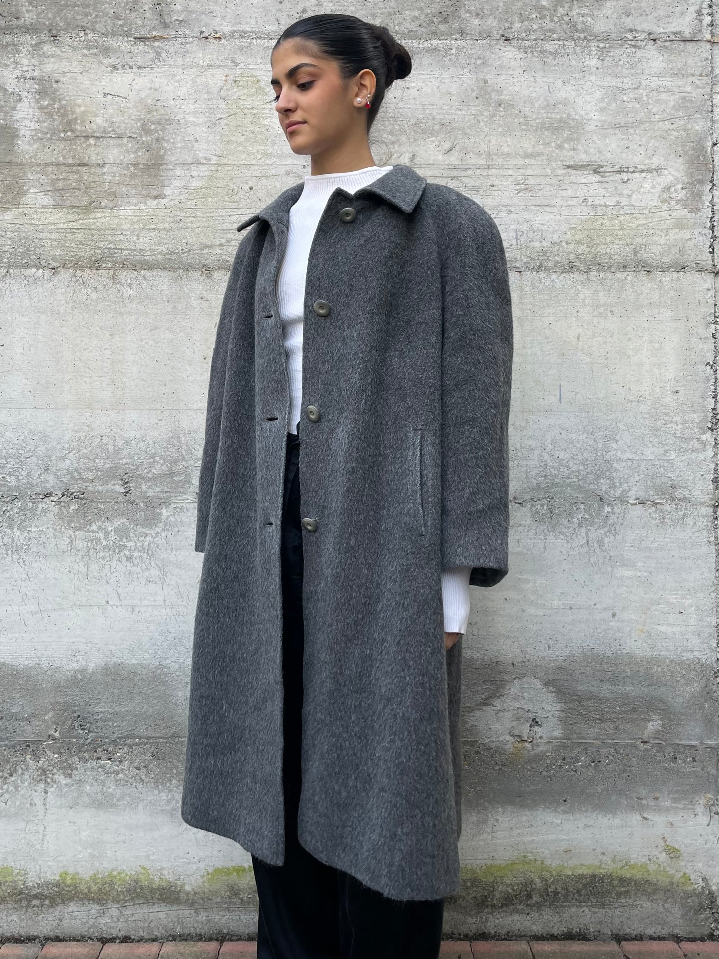 Cappotto sartoriale lungo monopetto, in misto lana e alpaca