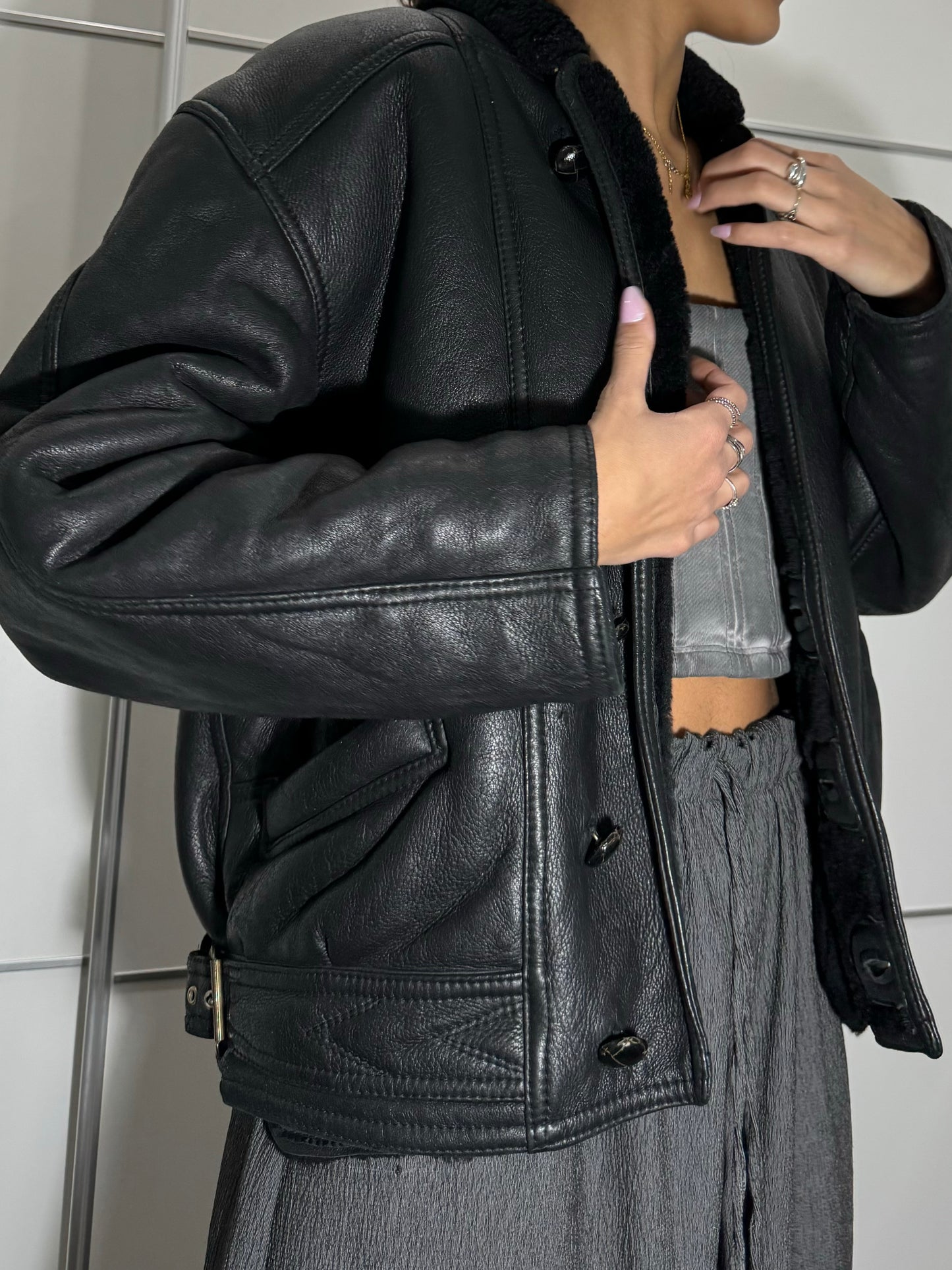 Bomber in montone Shearling nero, taglia 48it uomo