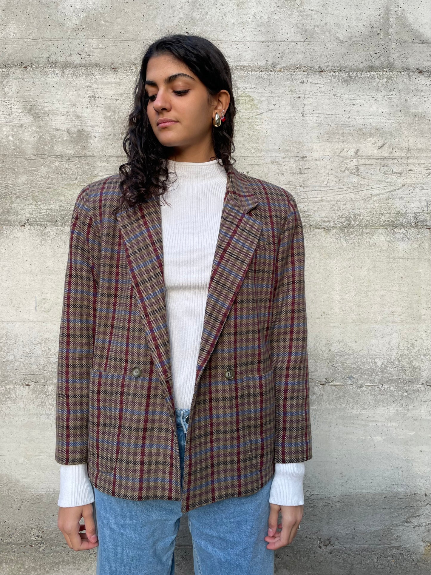 Blazer sartoriale doppiopetto tartan in misto lana