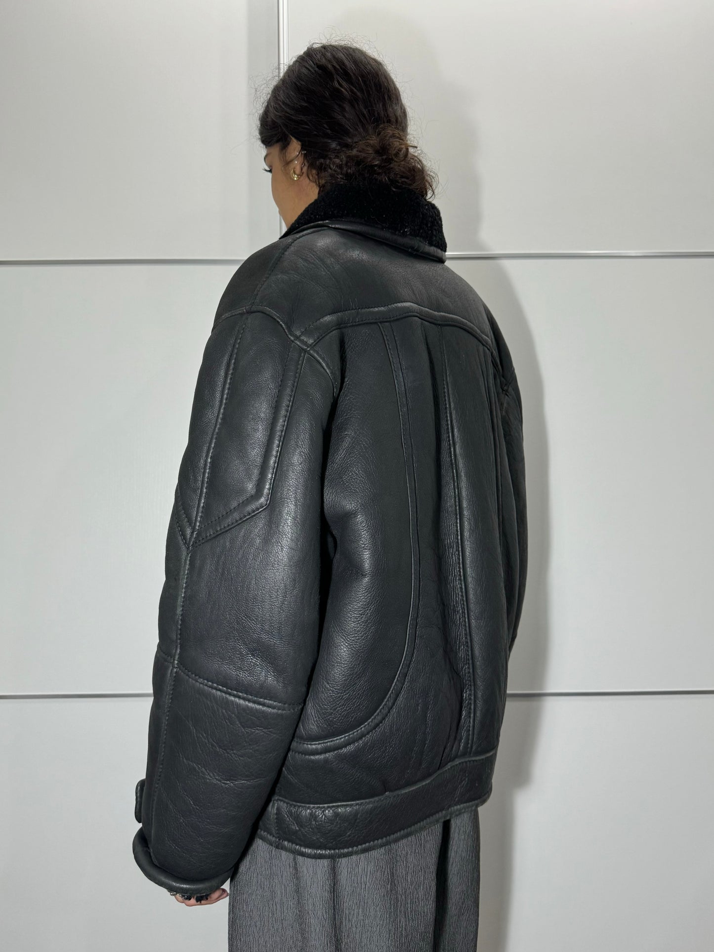 Bomber in montone Shearling nero, taglia 48it uomo