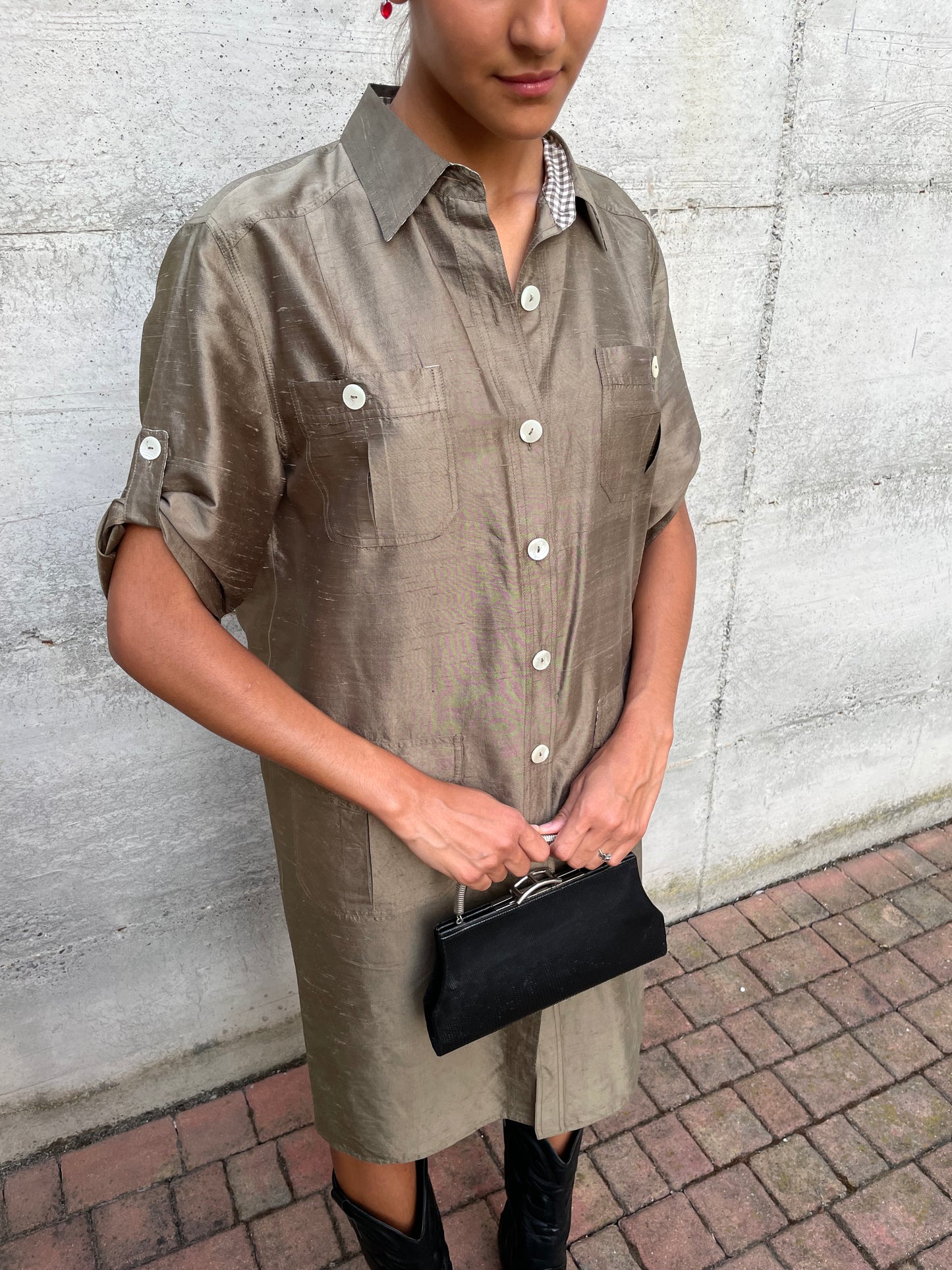 Chemisier midi 100% shantung di seta verde oliva - taglia M