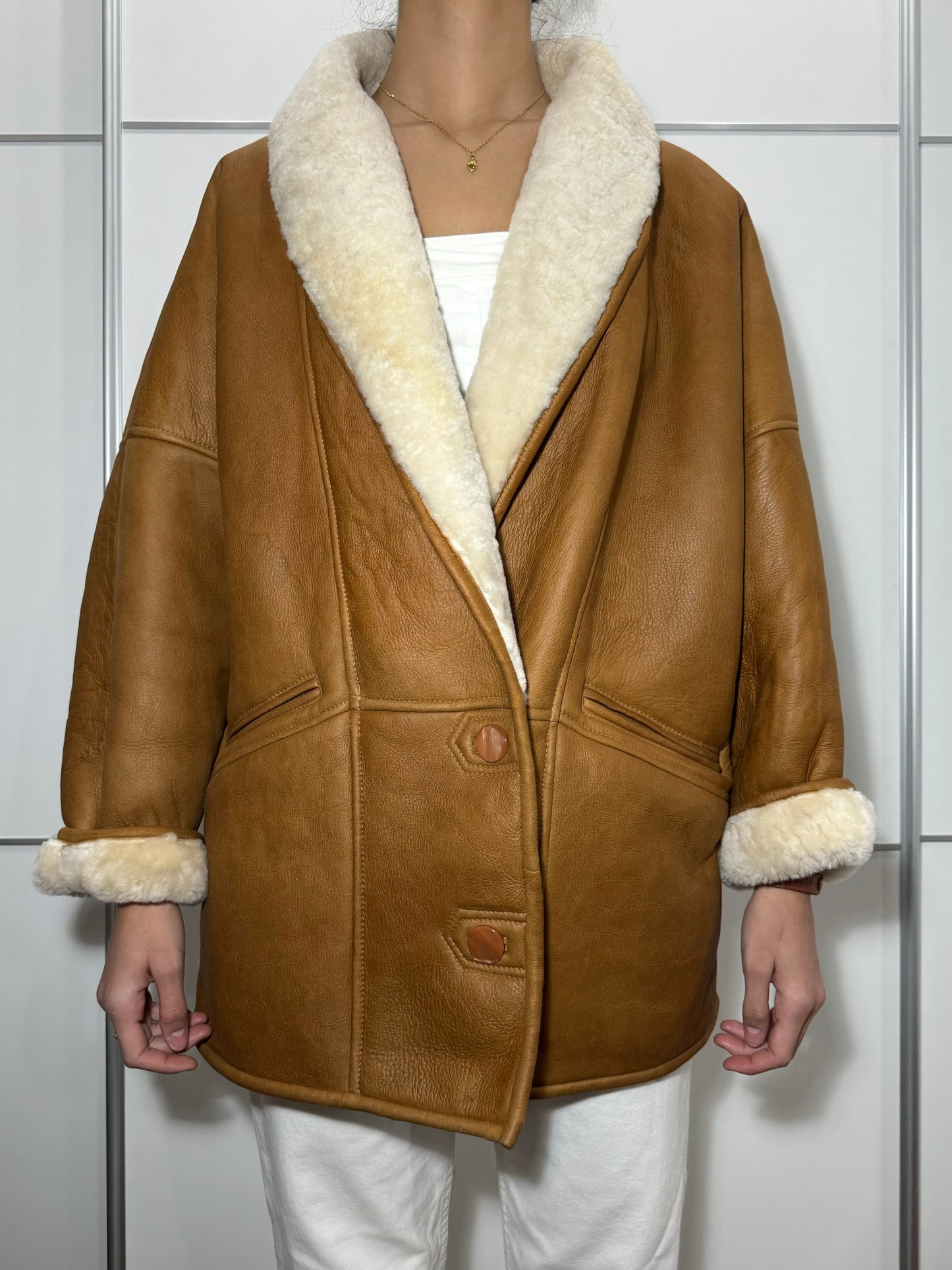 Montone originale Shearling in pelle caramello - taglia 46it donna