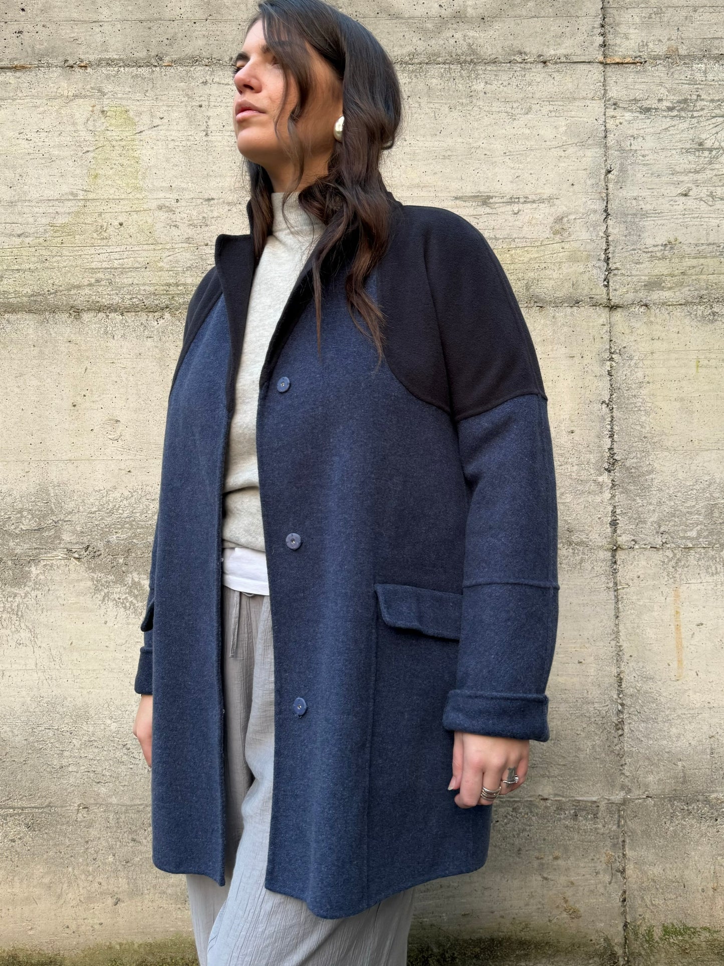 Cappottino Intrend blu mezza stagione, 85% lana 15% lyocell