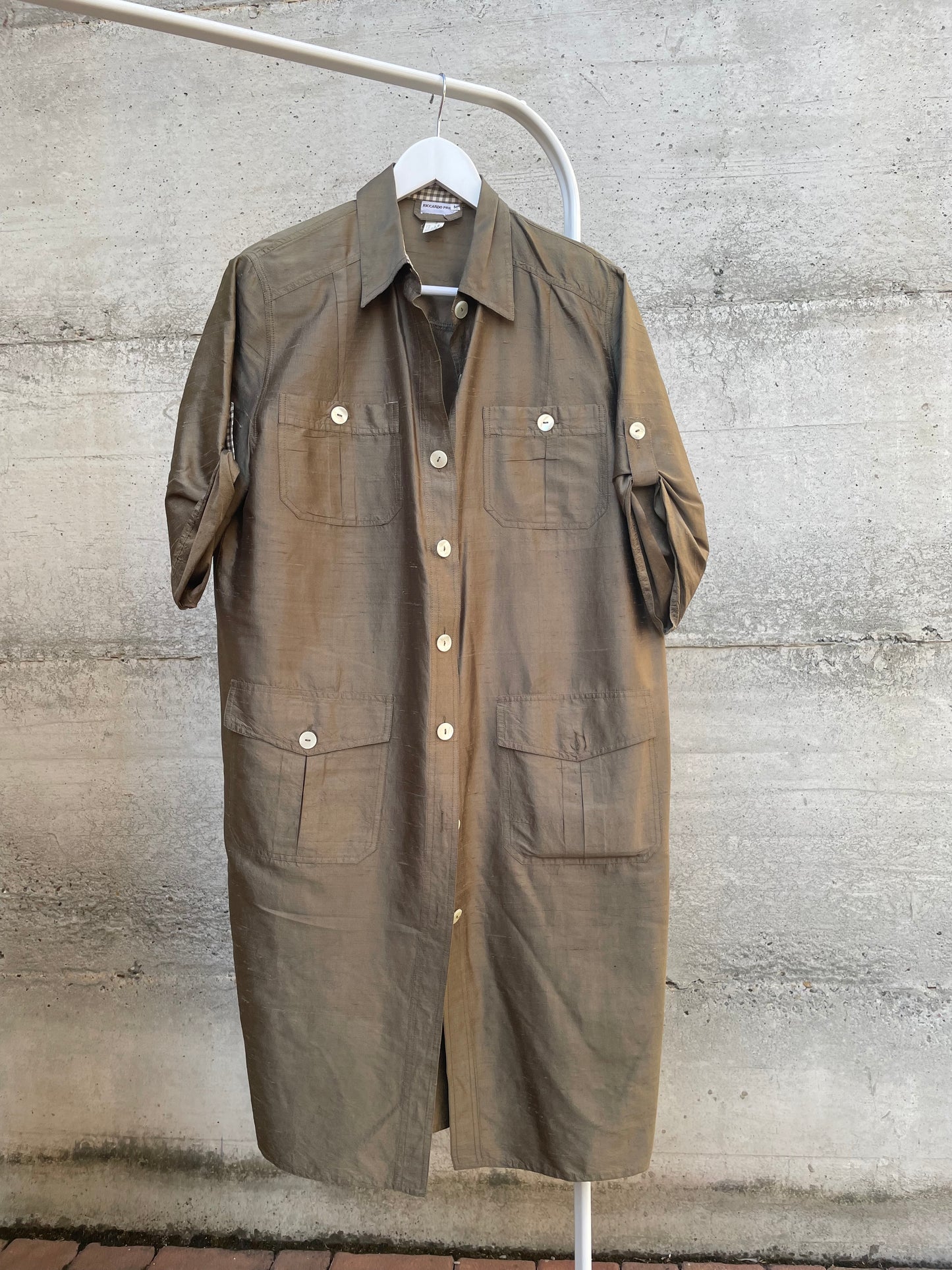 Chemisier midi 100% shantung di seta verde oliva - taglia M