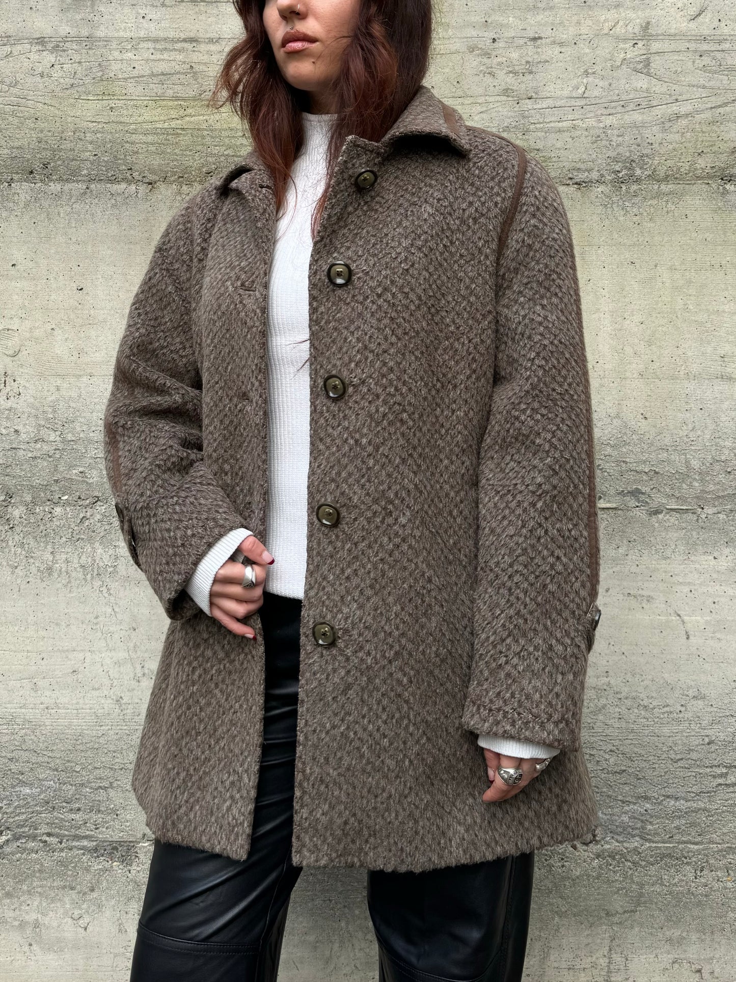 Cappottino Loden spigato color fango, misto lana e alpaca