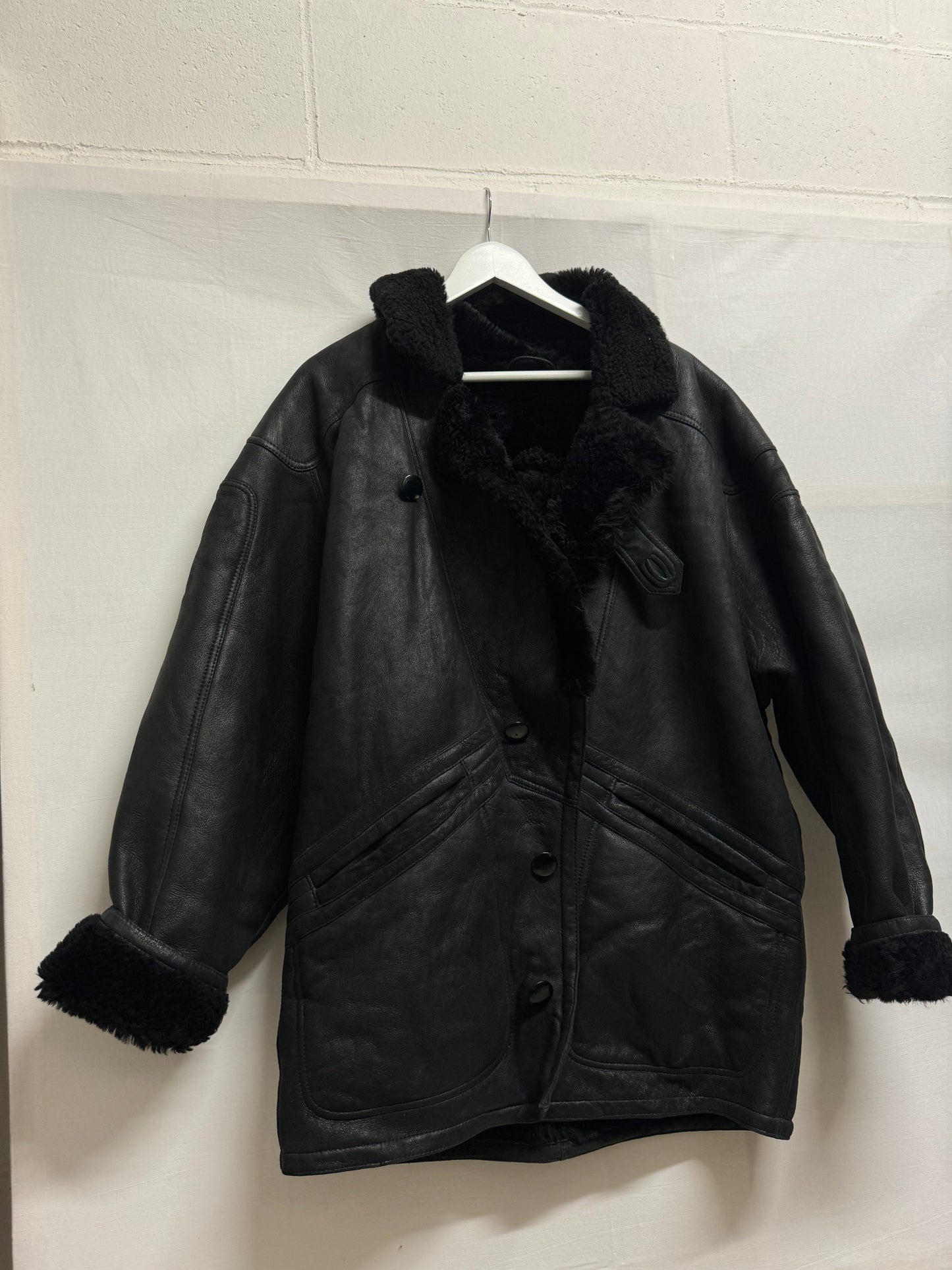 Montone Shearling in pelle nero, taglia 48it uomo
