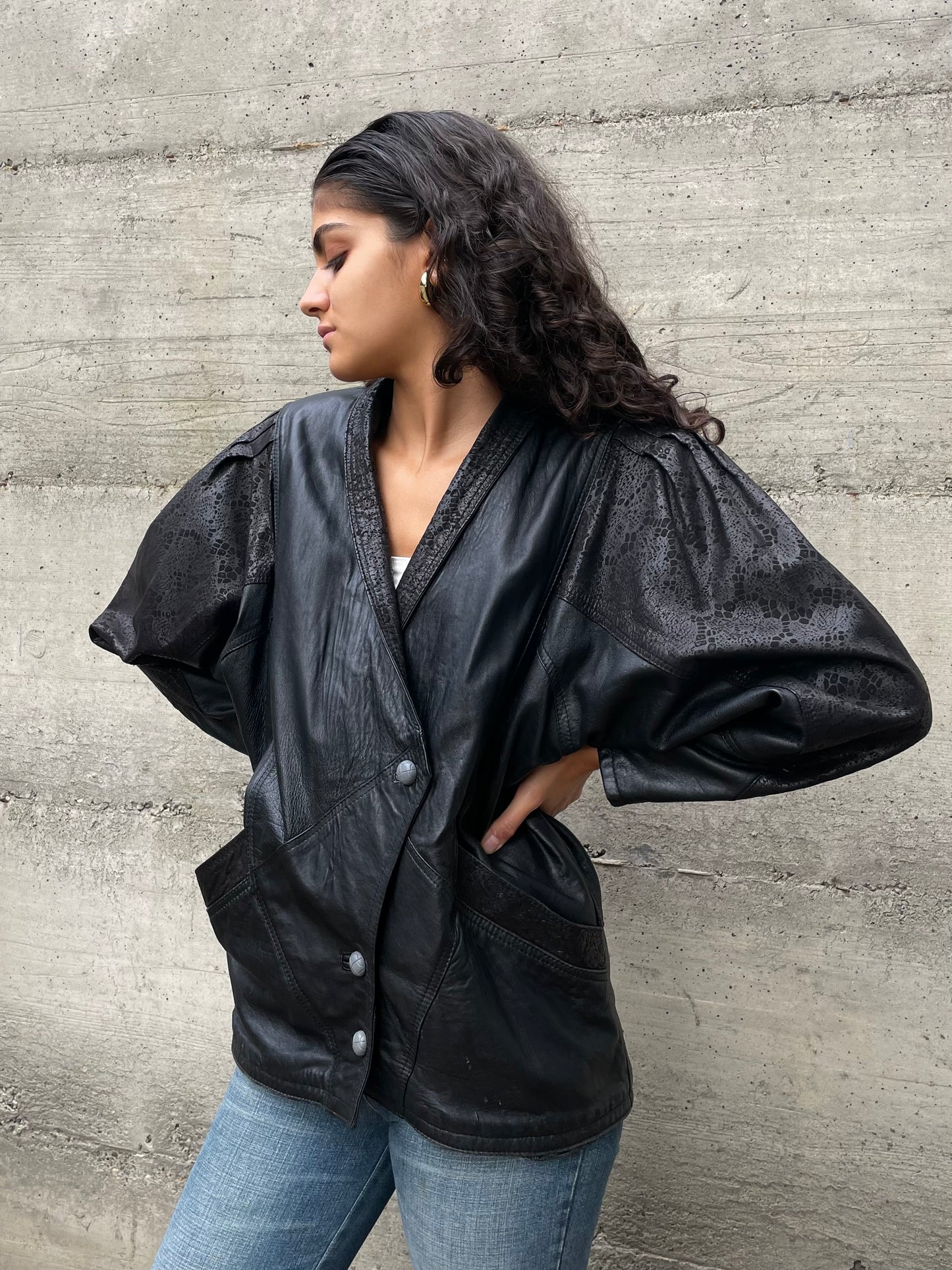 Giacca 80s lavorata in vera pelle nera - taglia M