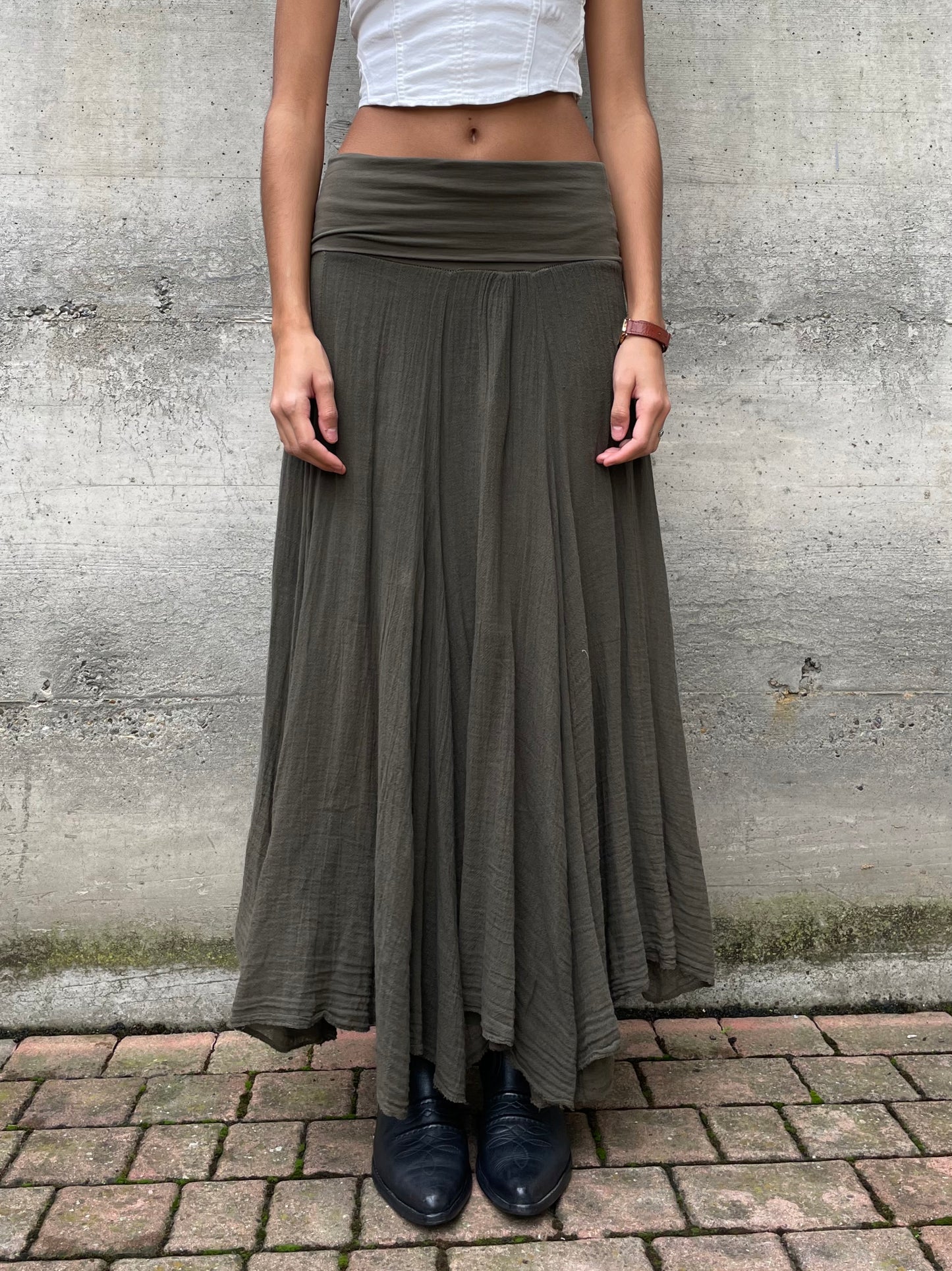 Gonna lunga sartoriale in crepe di cotone, verde oliva - taglia unica