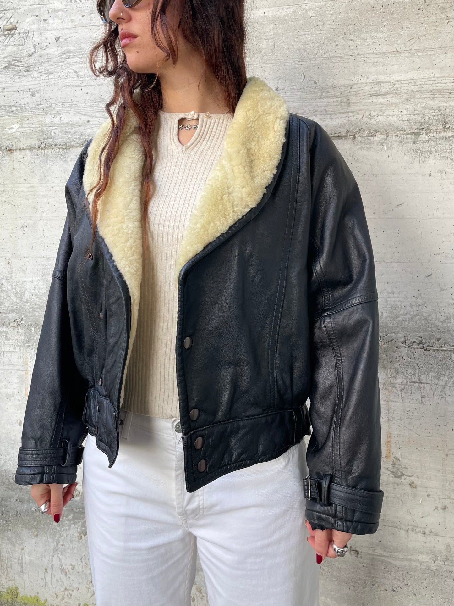 Bomber imbottito in vera pelle nero con collo Shearling burro, rara taglia S uomo