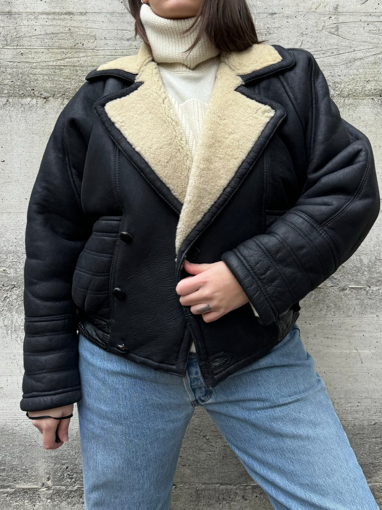 Bomber aviator Shearling nero, in rara taglia 46it uomo (XS)