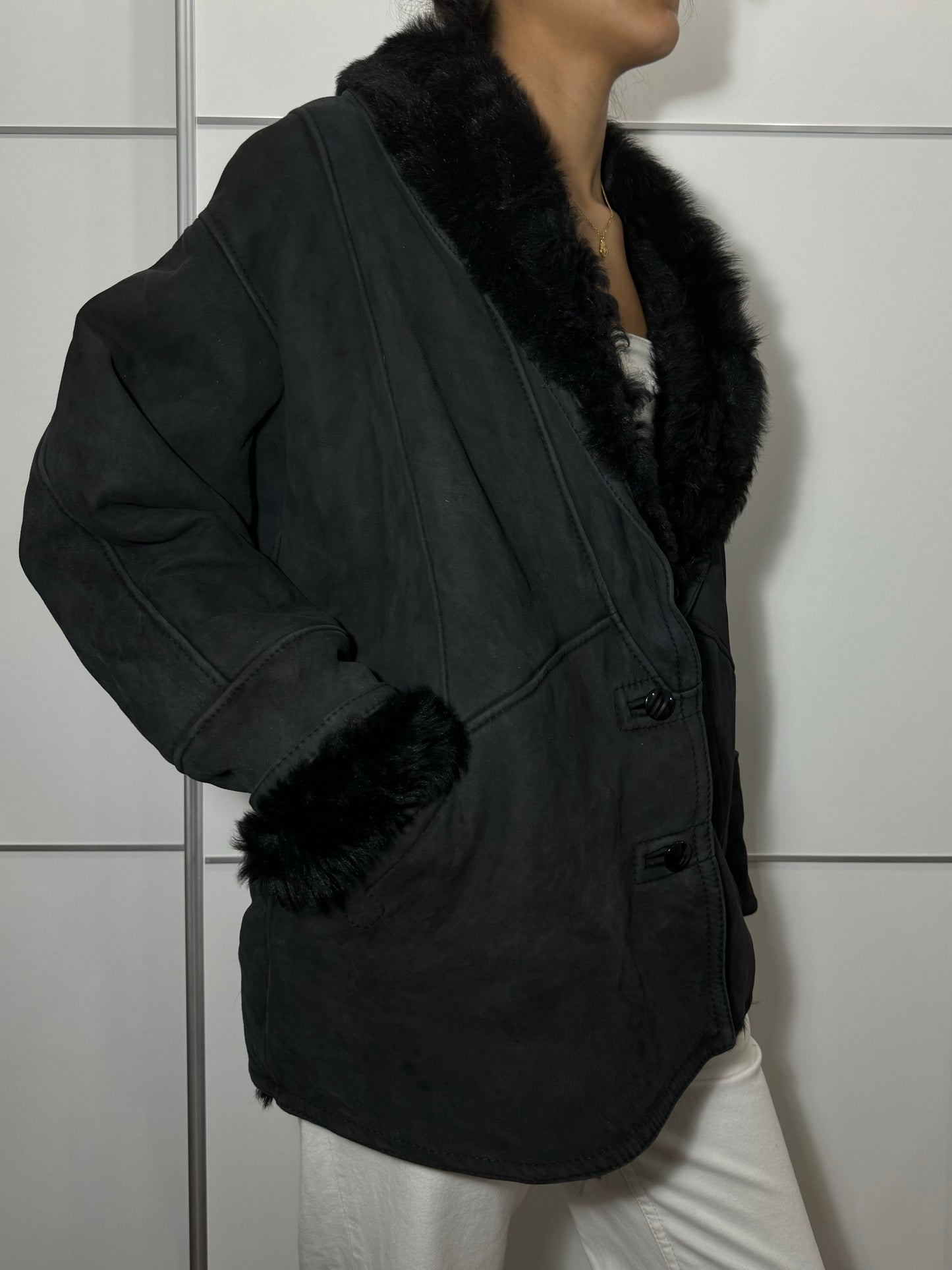 Montone originale Shearling scamosciato nero, taglia 44it donna
