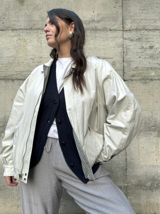 Bomber reversibile ghiaccio in 100% cotone, lato interno tartan sui toni del turchese