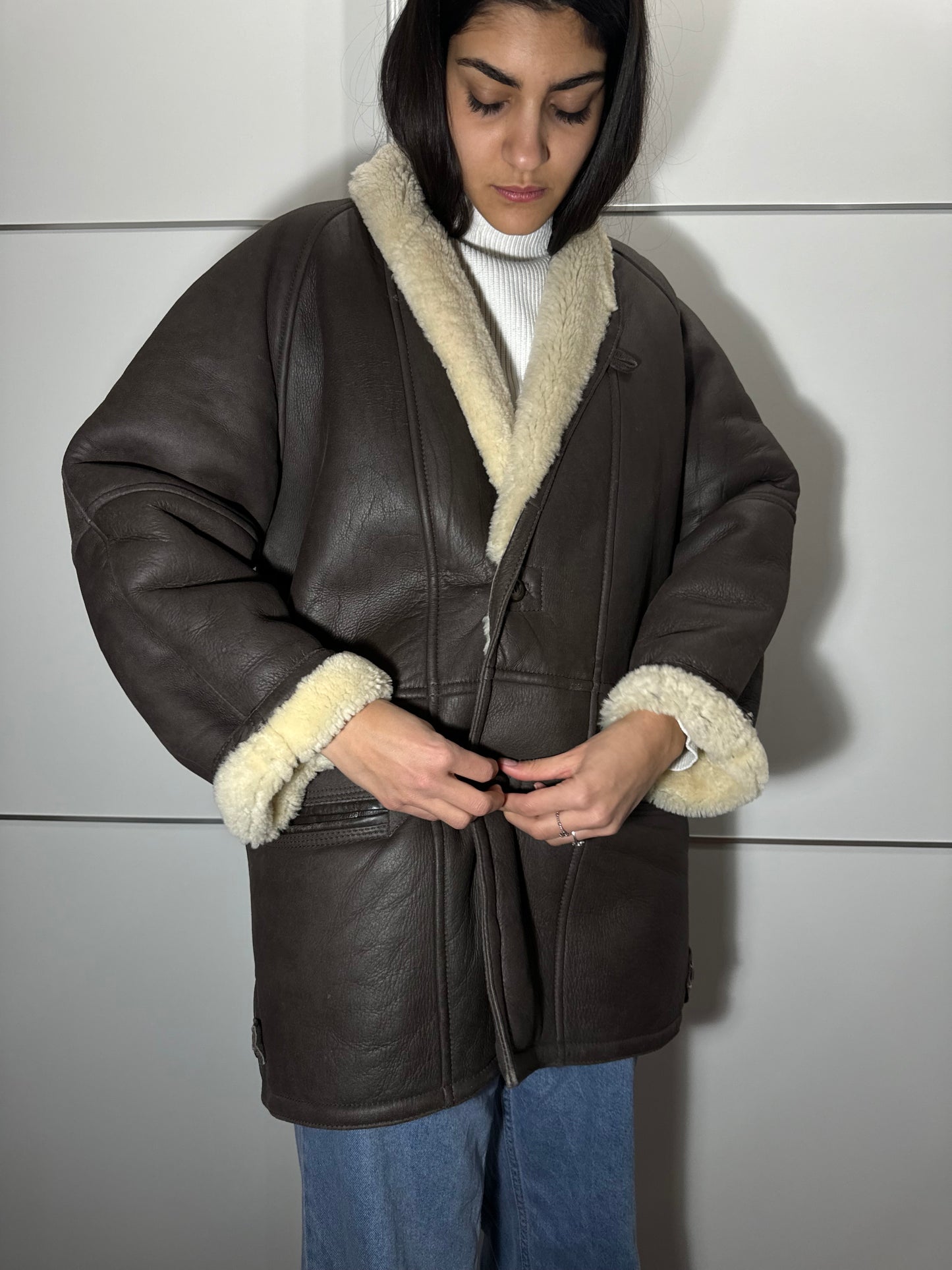 Montone originale Shearling in pelle testa di moro, taglia M uomo